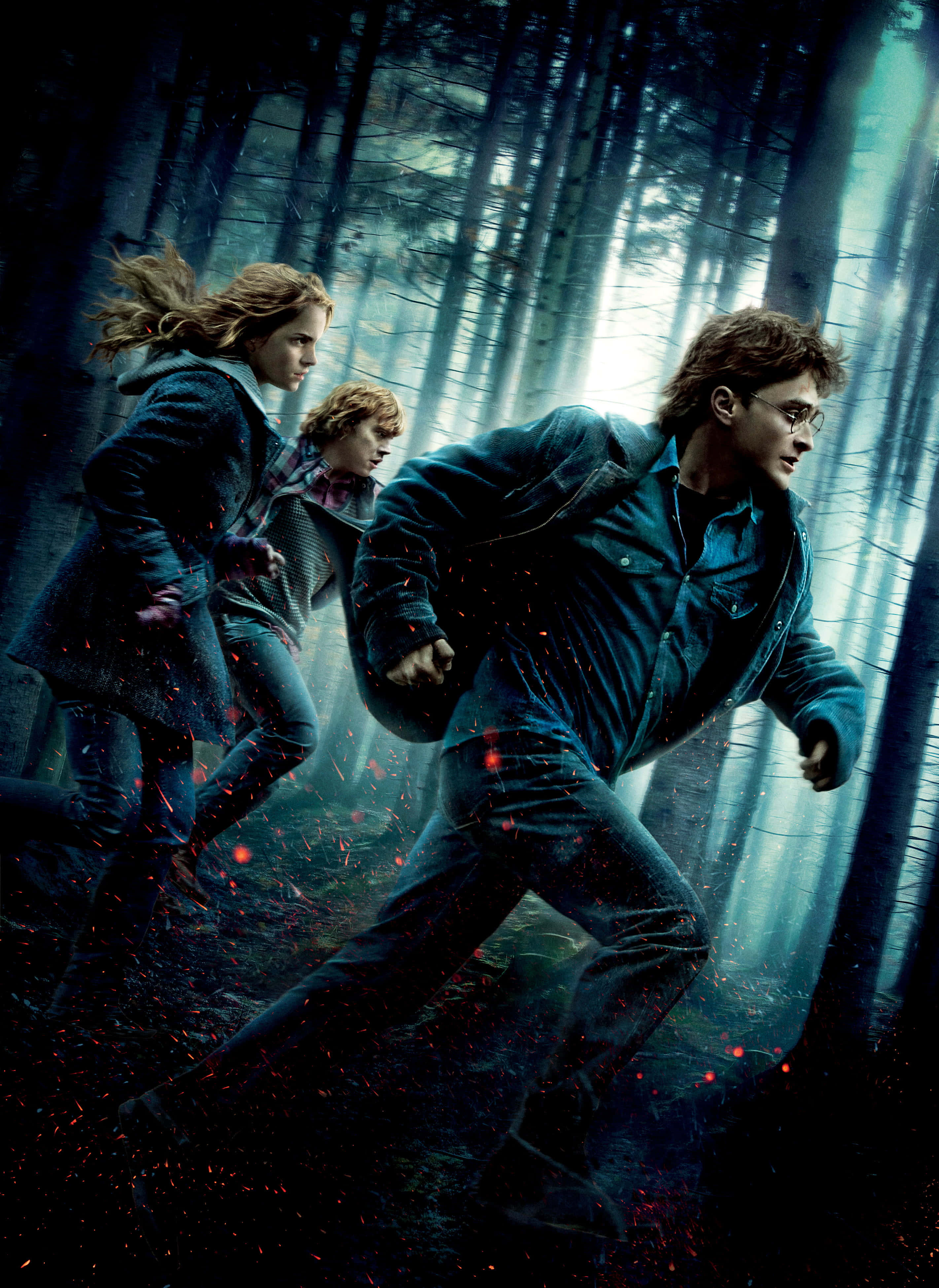 Golden Trio, three young wizards, misty forest, 4K Phone Wallpaper