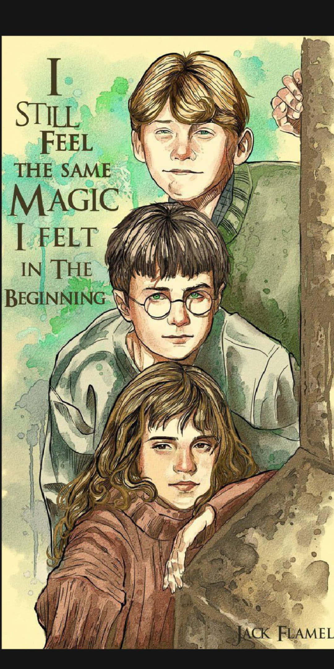 Golden Trio, watercolor background, green, Full HD Phone Wallpaper