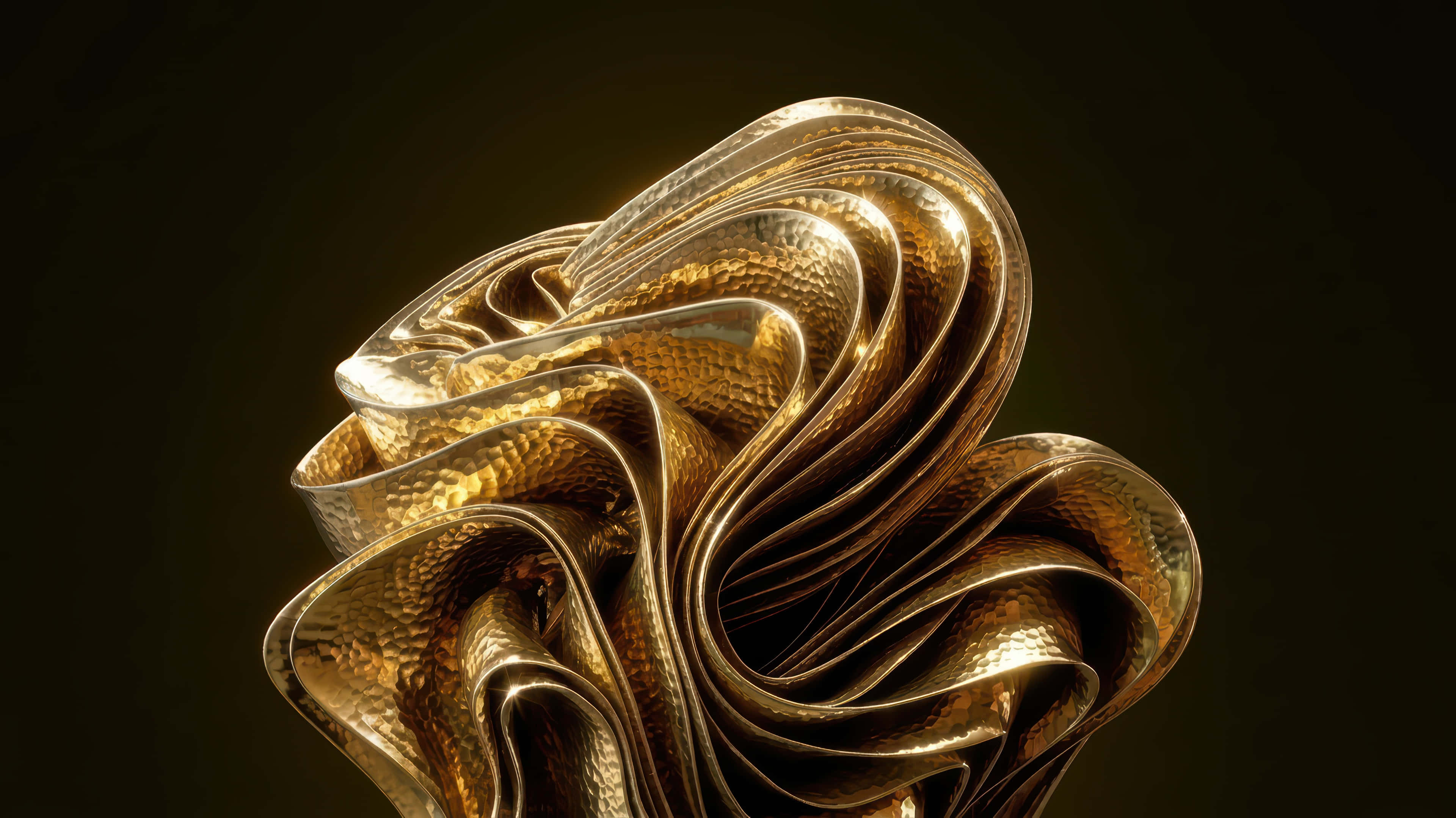 gold hammered metallic bloom, hammered texture, flowing curves, 4K Desktop Wallpaper