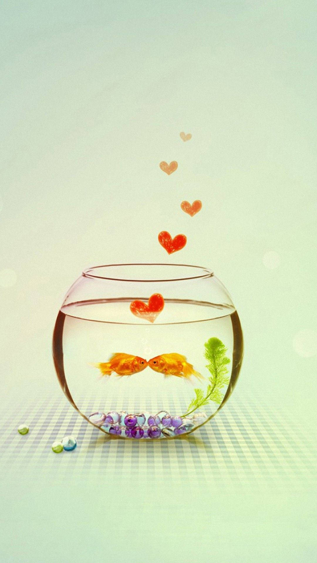 goldfish, bowl, hearts, Full HD Phone Wallpaper