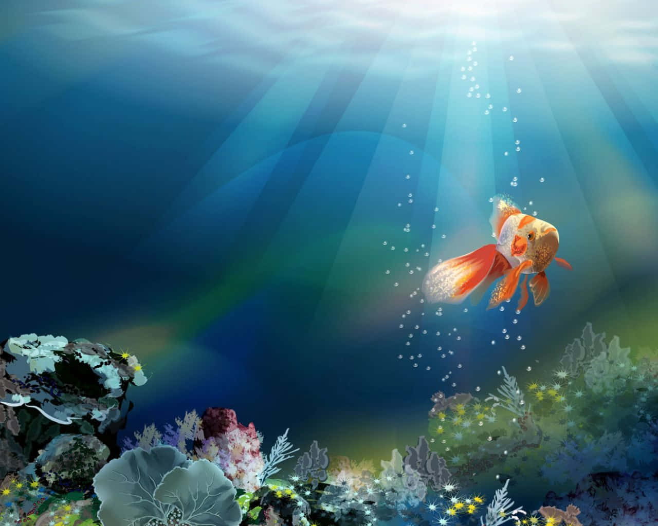 goldfish, coral reef, sunlit beams, HD Desktop Wallpaper