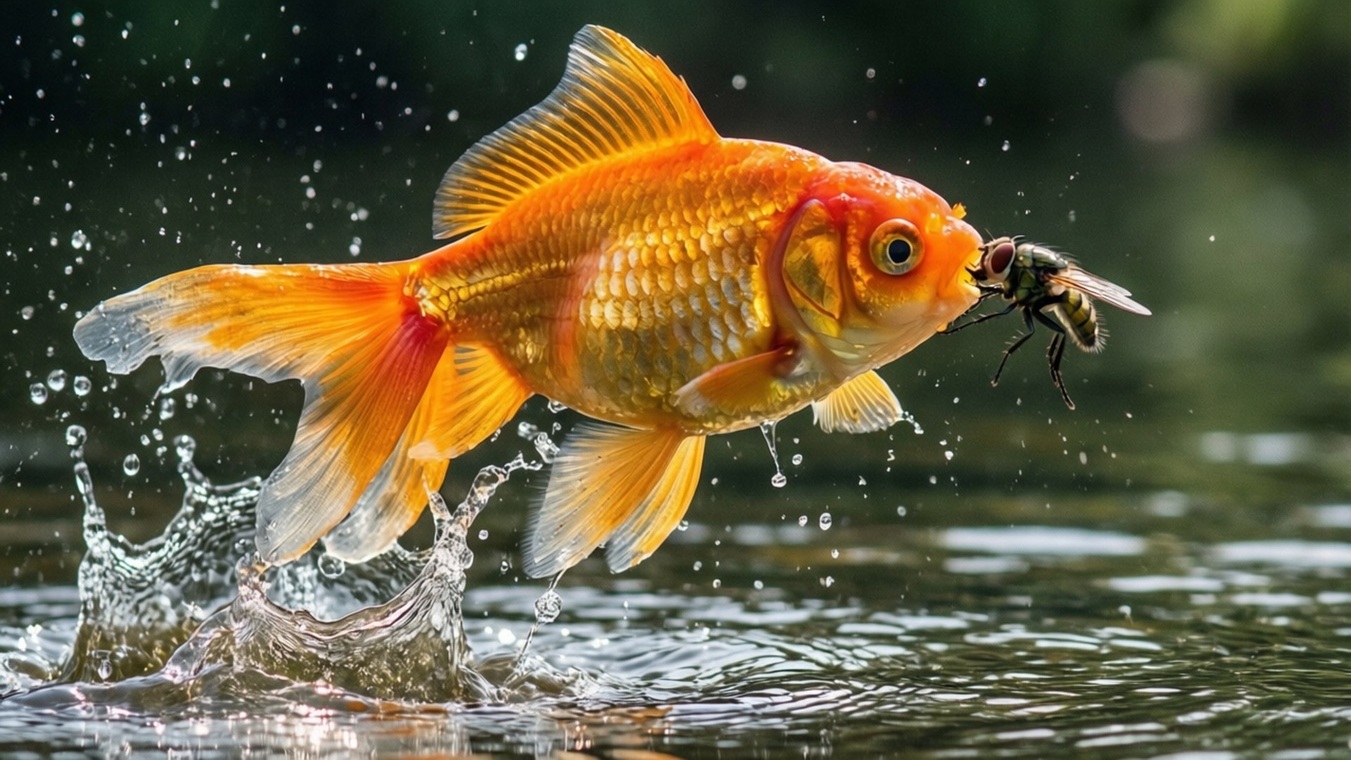 Goldfish, leaps from water, mid-air, Full HD Desktop Wallpaper