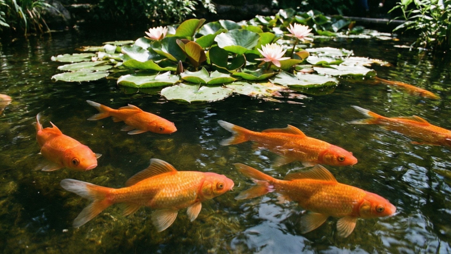 Pond Goldfish, lily pads, white blossoms, Full HD Desktop Wallpaper