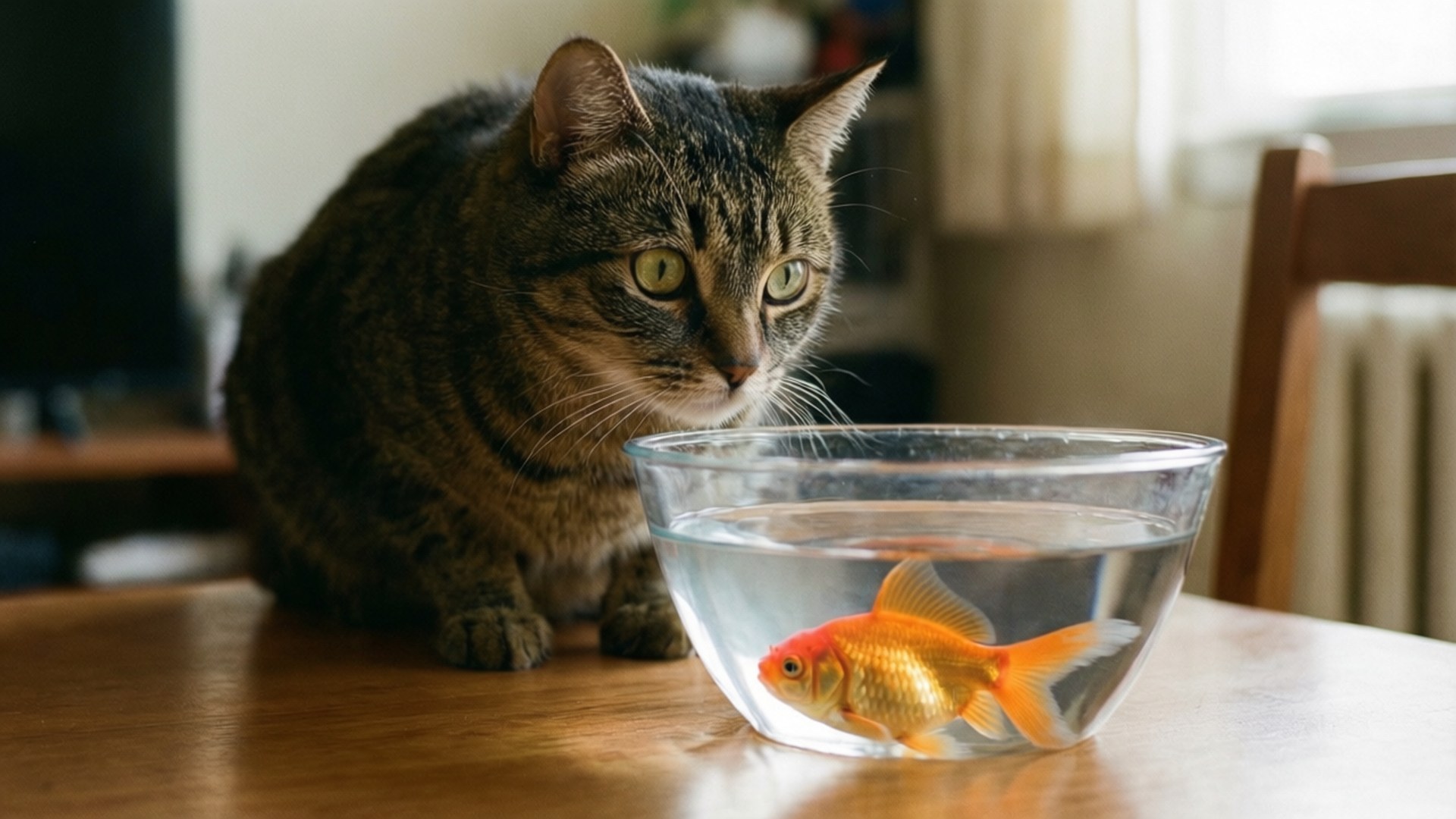 tabby cat, green eyes, goldfish, Full HD Desktop Wallpaper