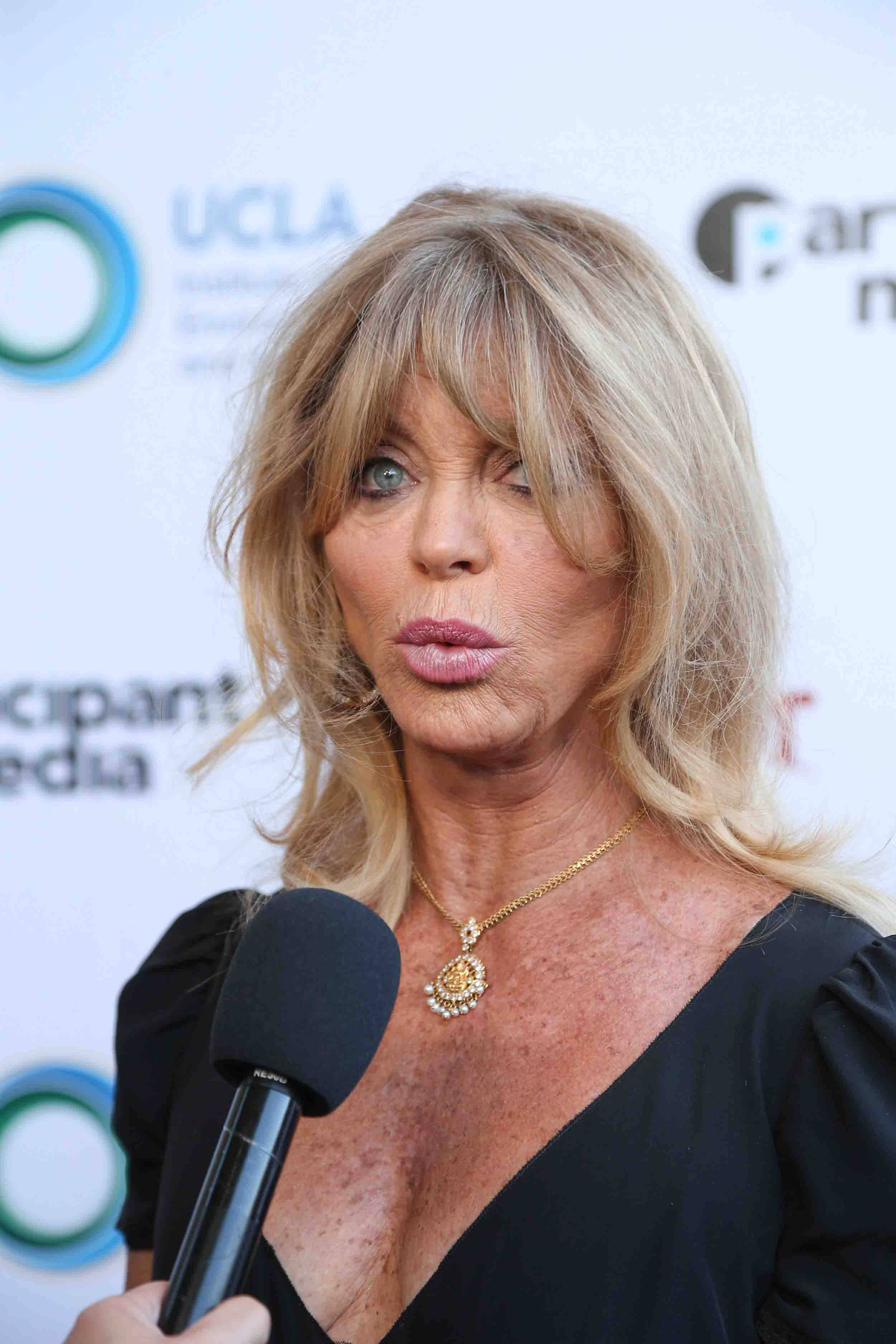 Goldie Hawn, black dress, microphone, 2K Phone Wallpaper