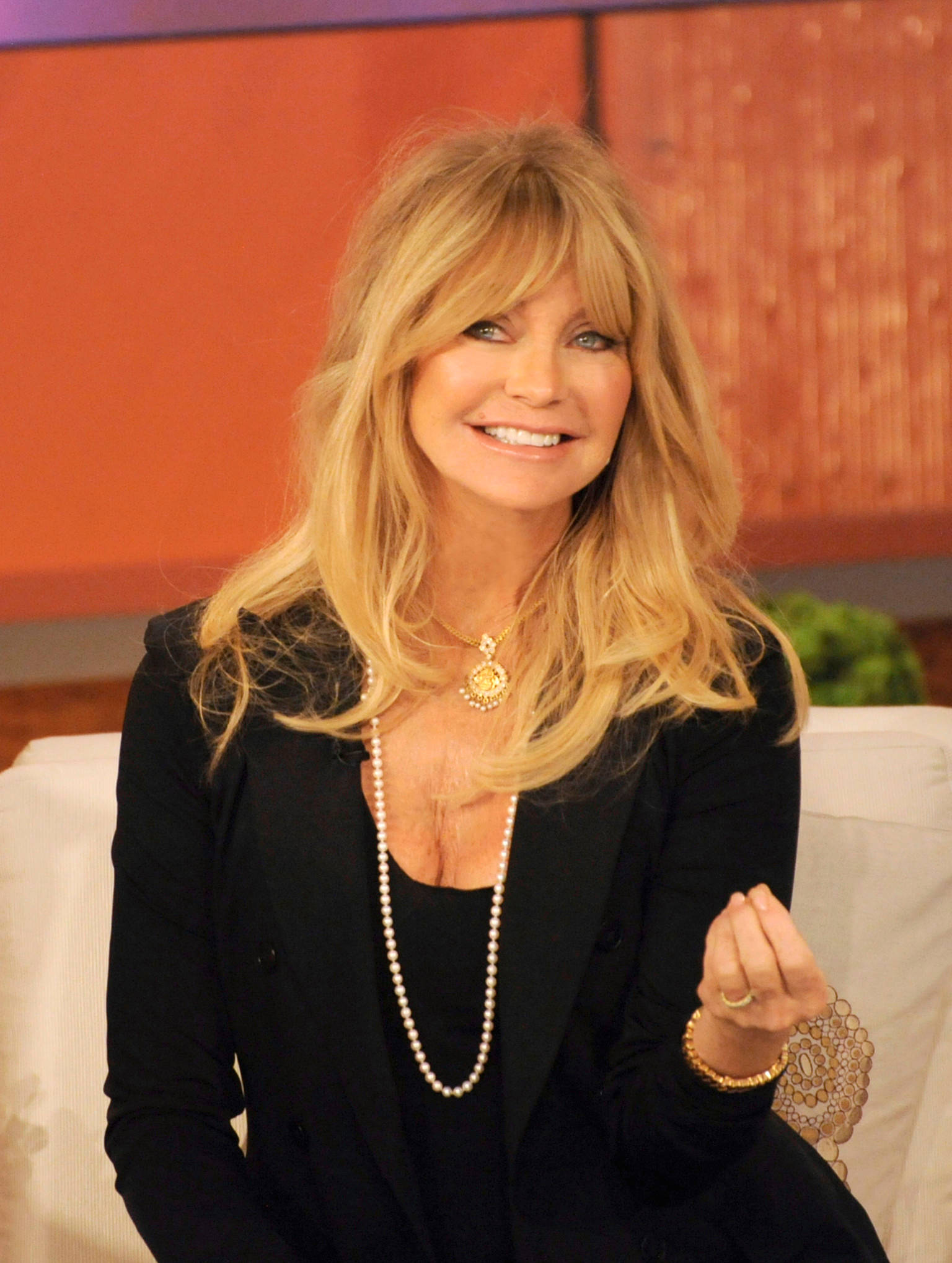 Goldie Hawn, talk show, white couch, Full HD Phone Wallpaper