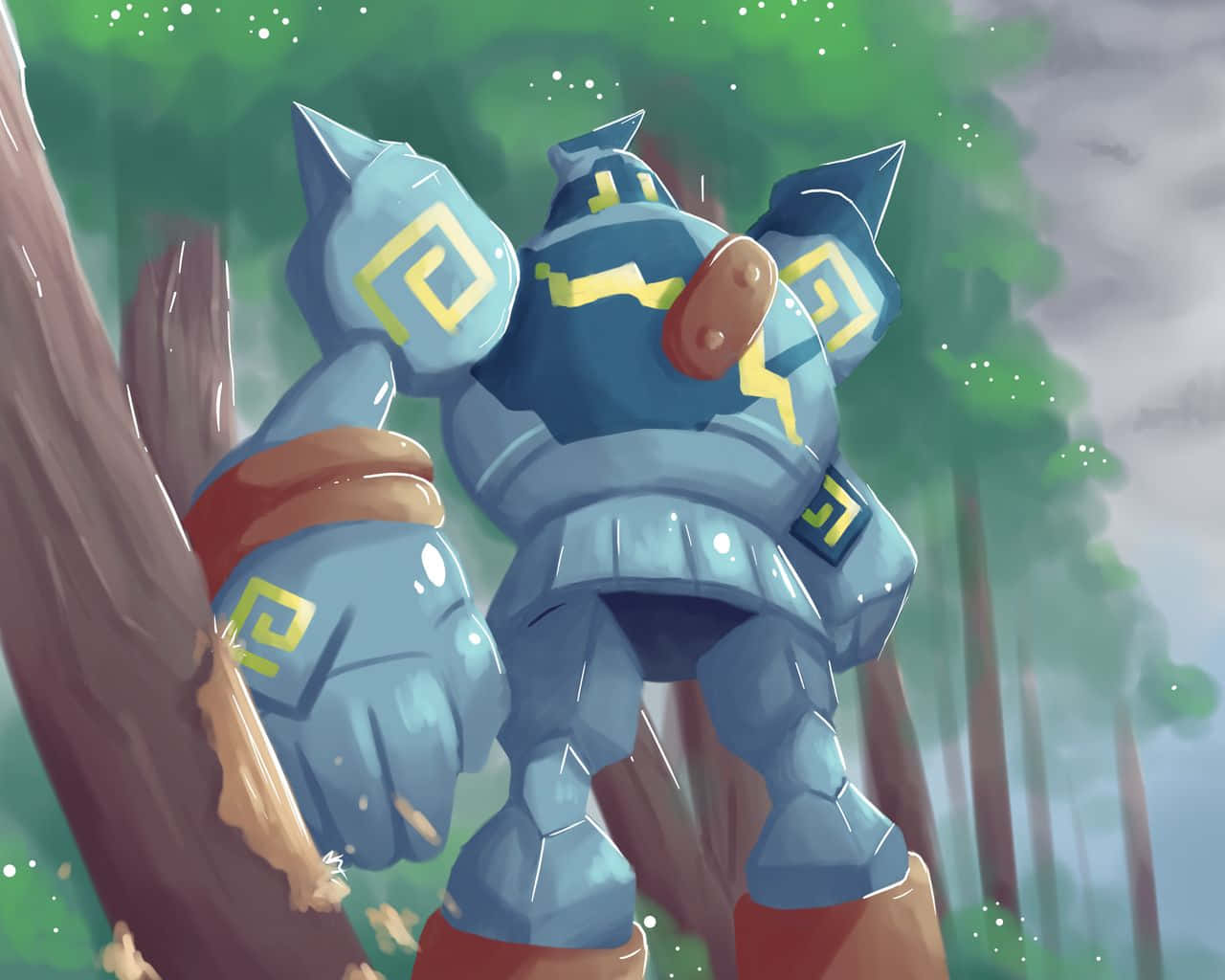 Golett, forest, blue armored robot, HD Desktop Wallpaper