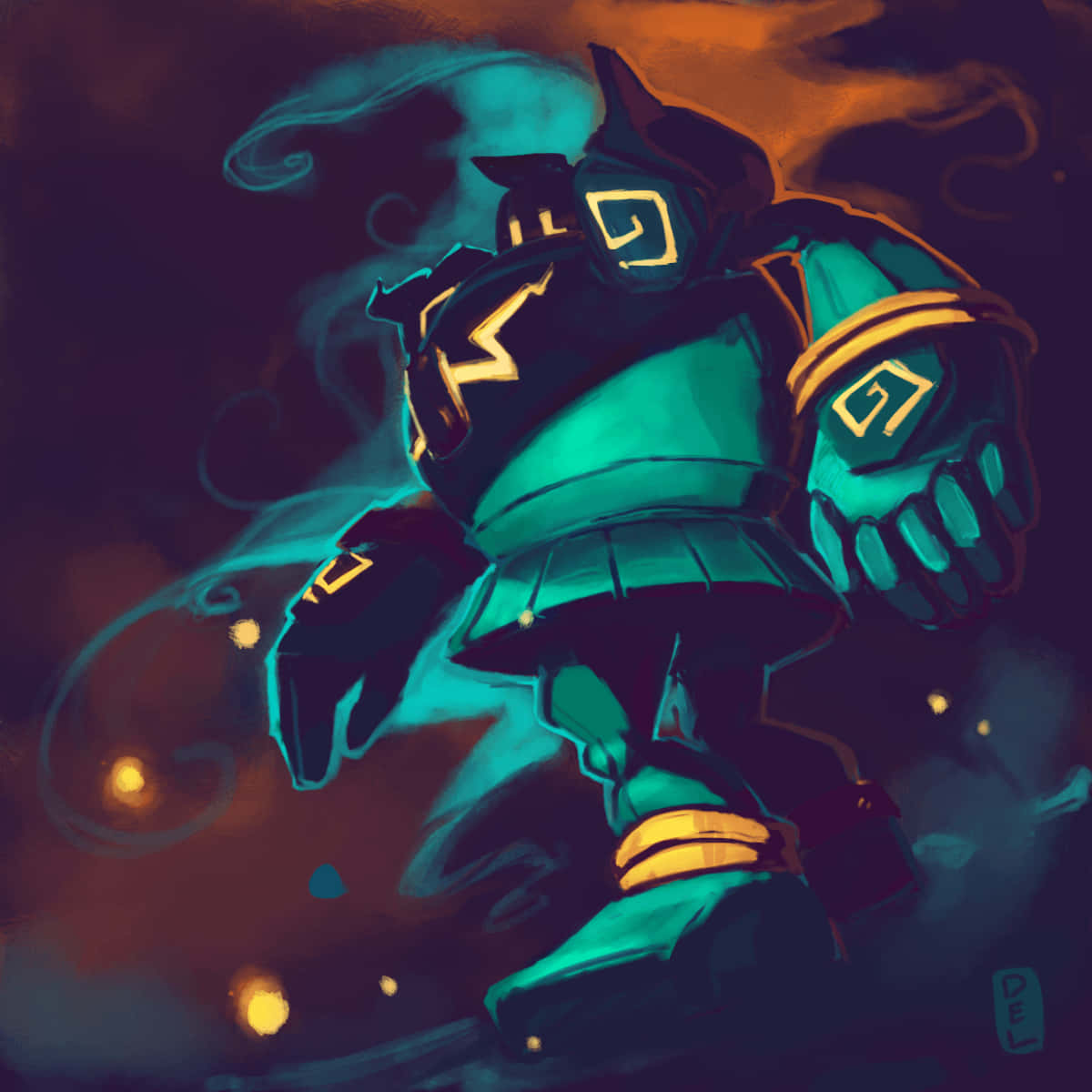 Golett, glowing teal armored warrior, golden symbols, SD Desktop Wallpaper