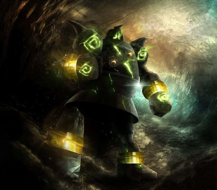 Golett, glowing green runes, golden bands, SD Desktop Wallpaper