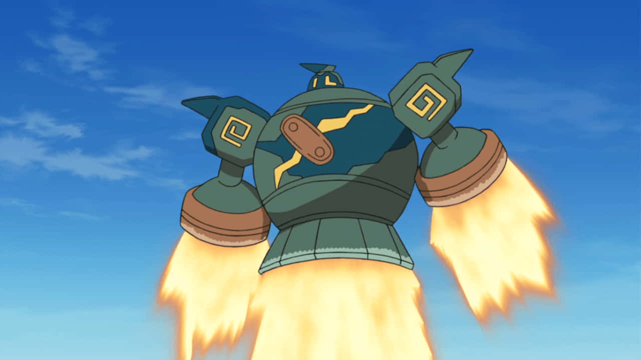 Flying Golett, green armored robot, glowing yellow lightning bolts, HD Desktop Wallpaper