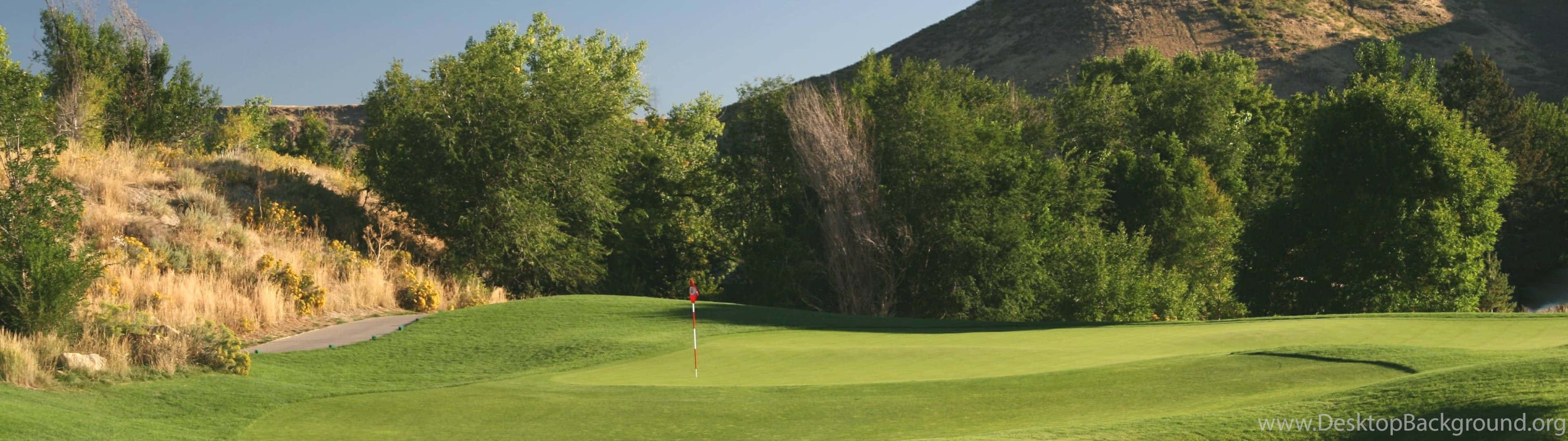 golf course green, red flag, lush trees, 4K Desktop Wallpaper