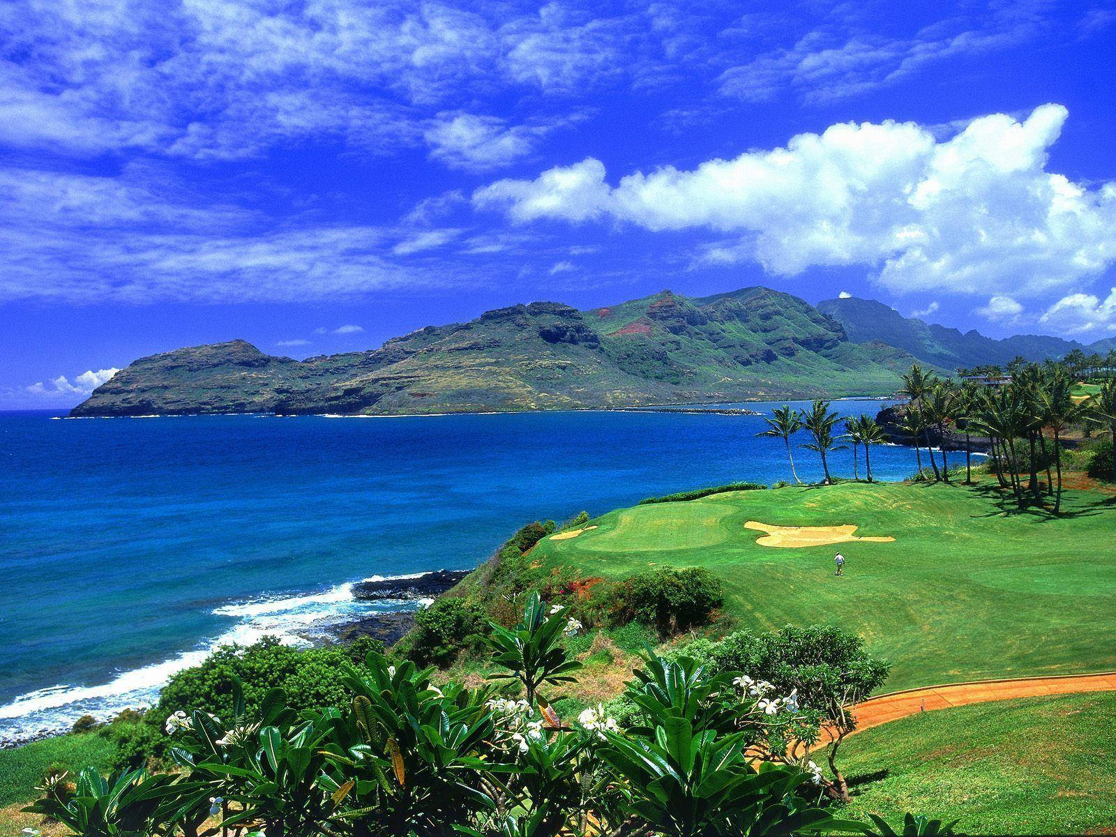 ultra hd golf course landscape, lush green course, turquoise ocean, HD Desktop Wallpaper