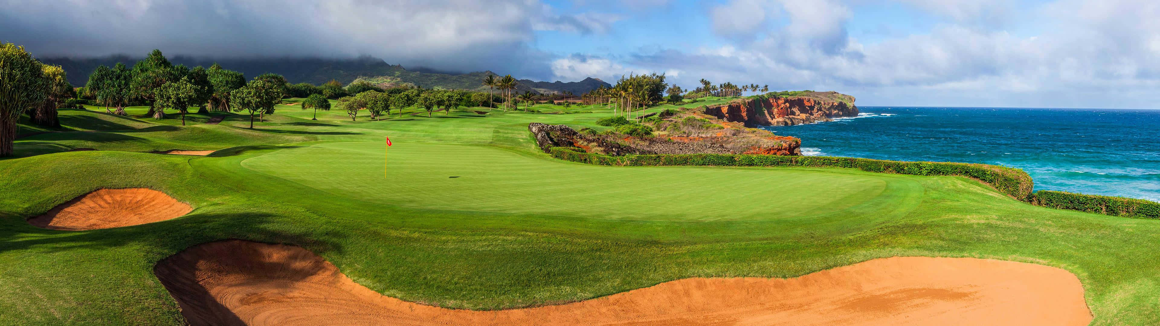 golf course, rugged coastline, turquoise ocean waves, 4K Desktop Wallpaper