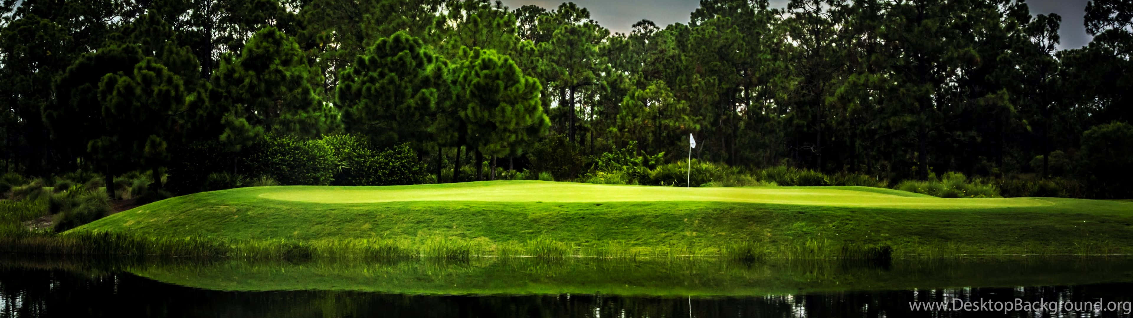 golf green, flagstick, water hazard, 4K Desktop Wallpaper