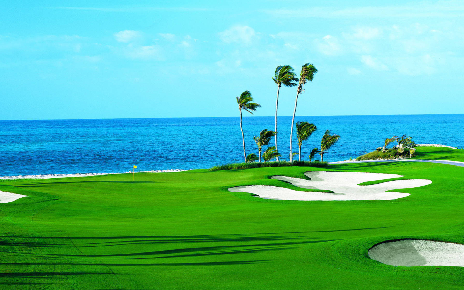 golf course, beach, turquoise ocean, Full HD Desktop Wallpaper