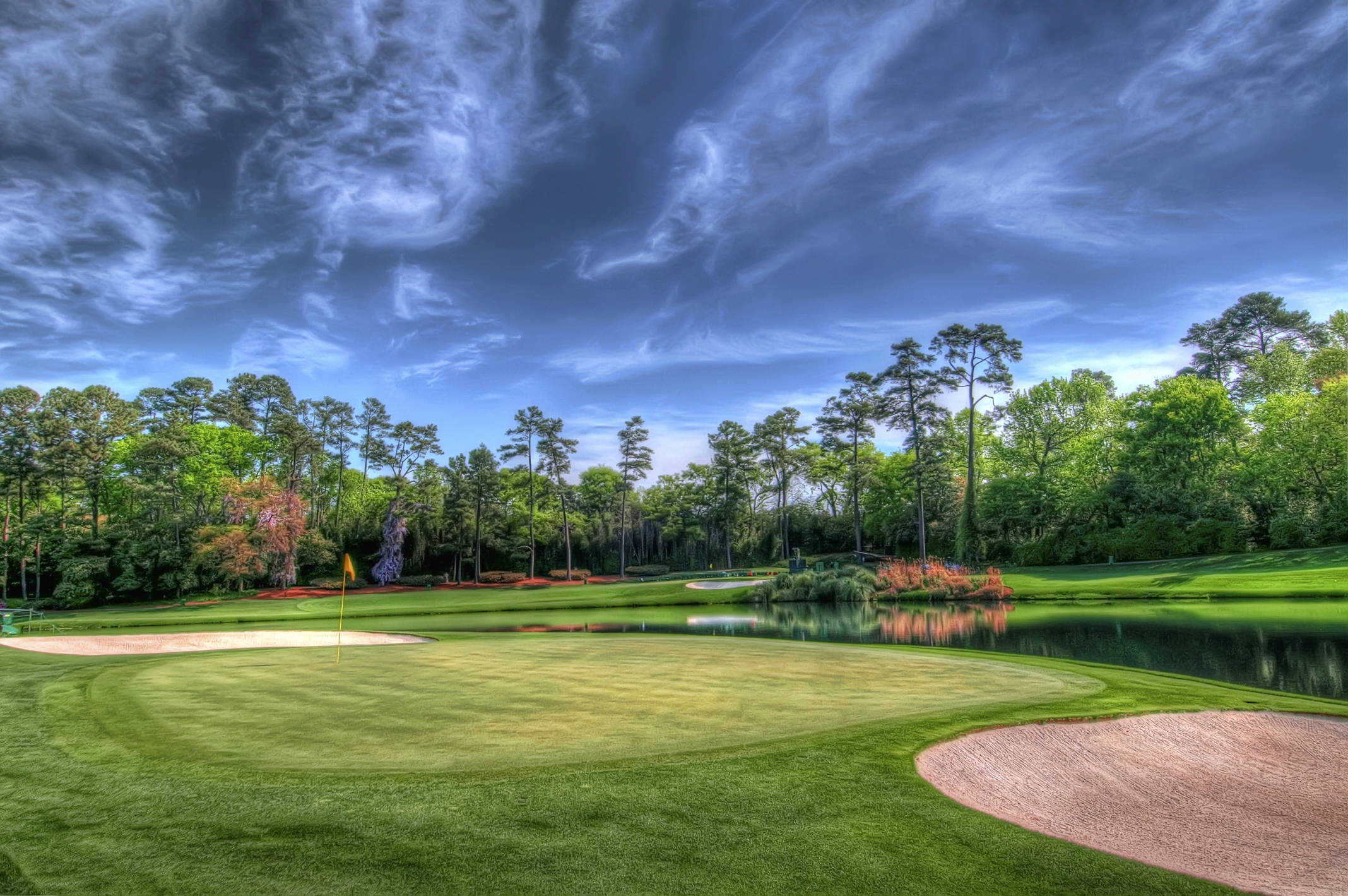 golf course, trees, pond, Full HD Desktop Wallpaper