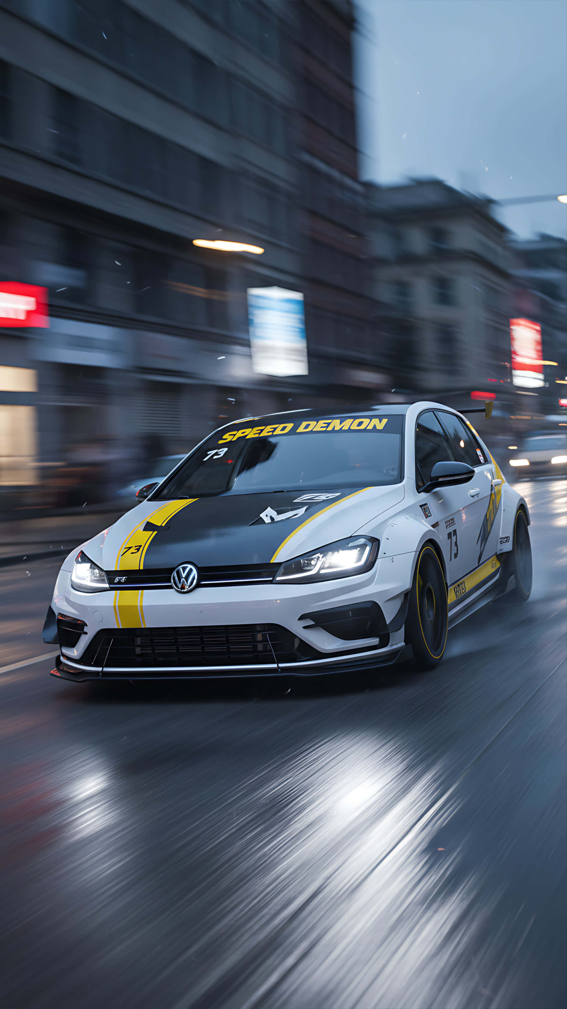 Golf Gti, white and black race car, yellow stripes, 4K Phone Wallpaper