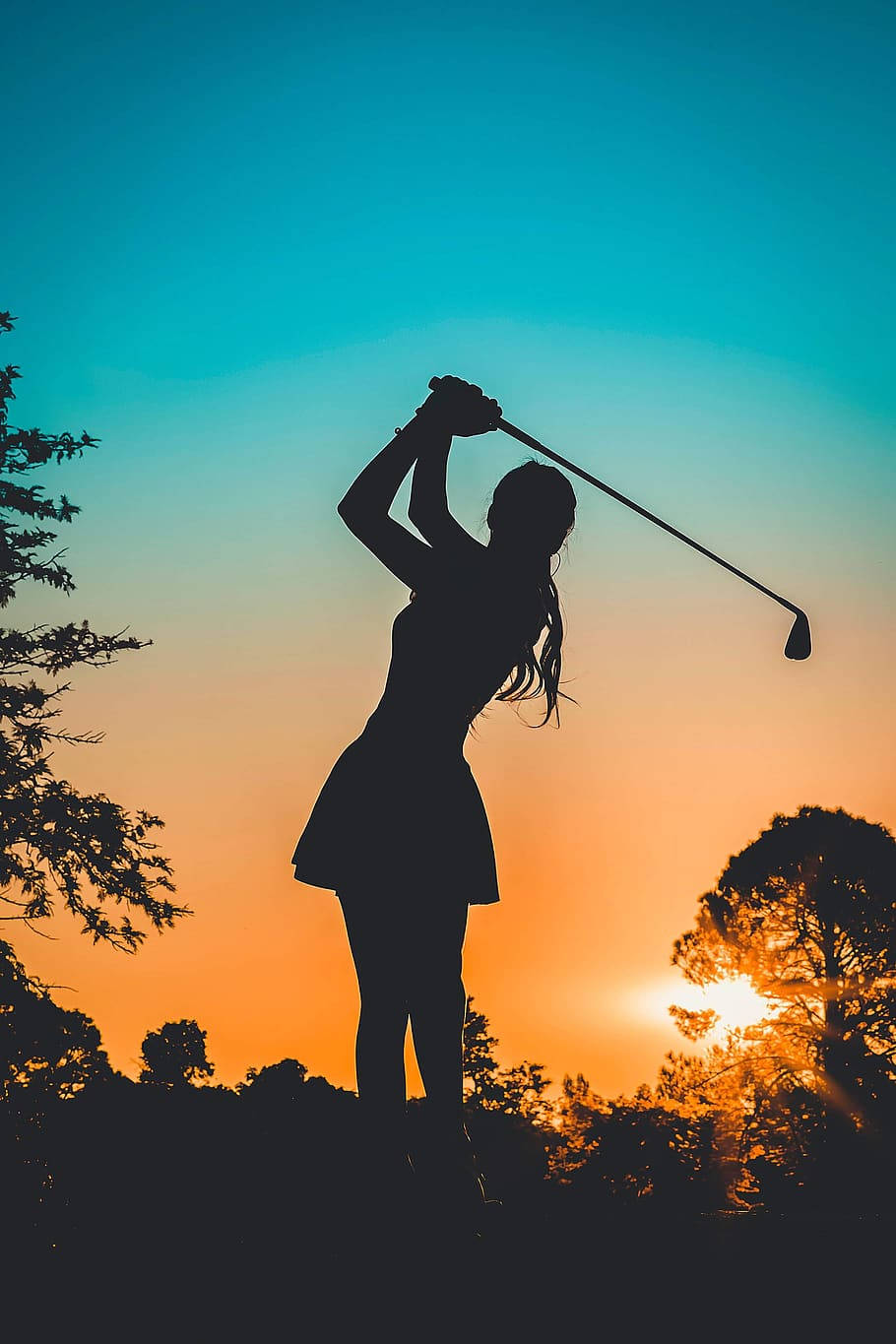 Silhouette, female golfer, mid-swing, HD Phone Wallpaper