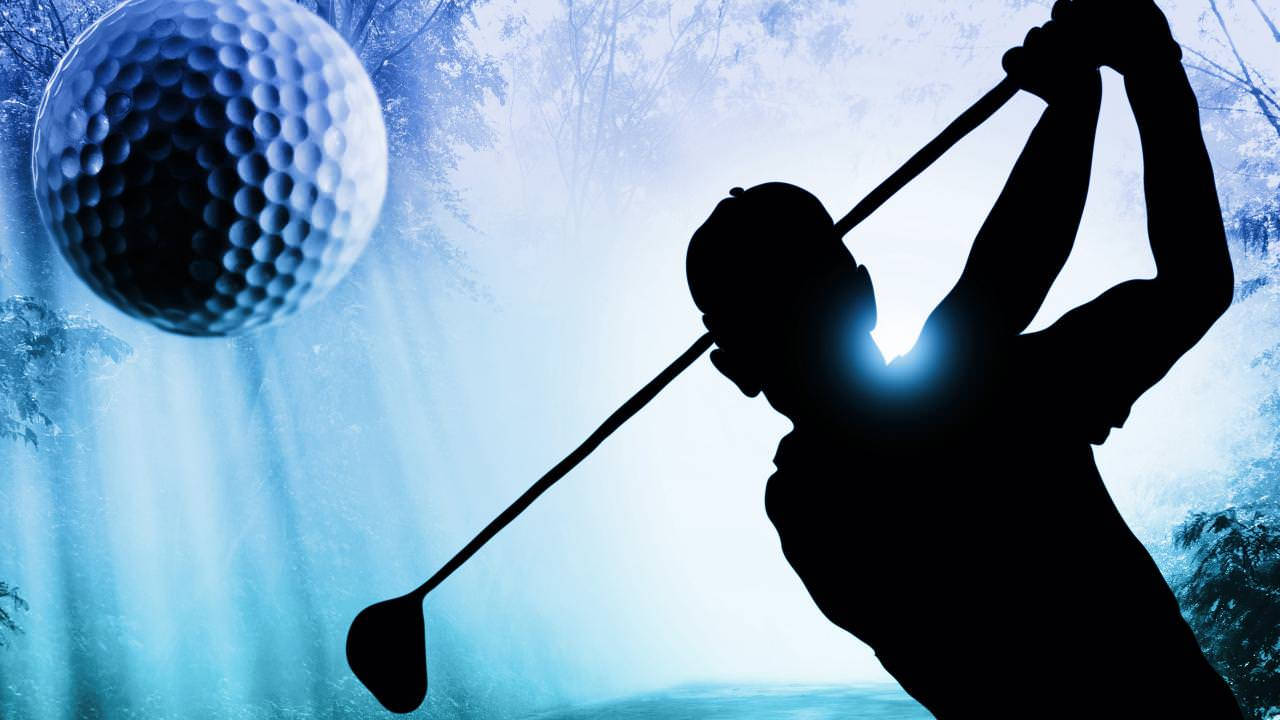 man in woods golfing desktop, silhouette of a golfer mid-swing, glowing blue forest backdrop, HD Desktop Wallpaper
