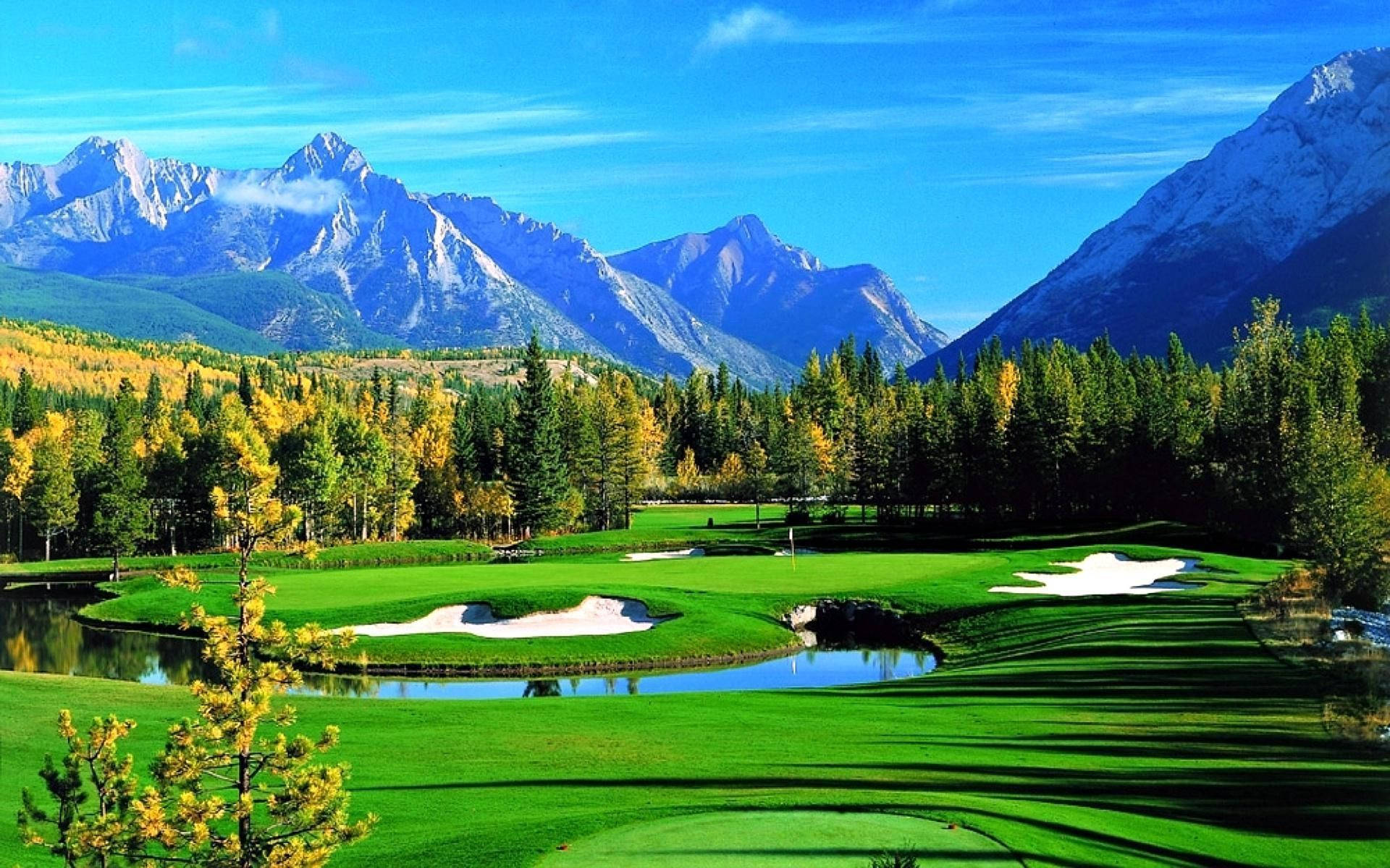 autumn trees, snow-capped mountains, lush green fairways, Full HD Desktop Wallpaper