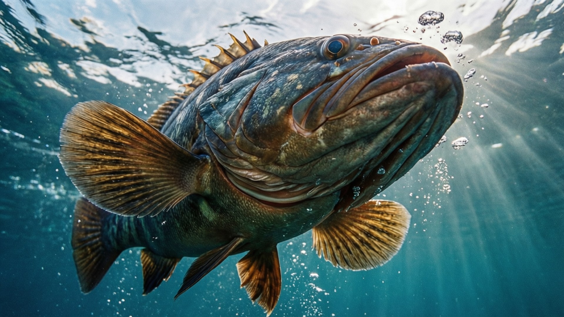 Goliath Grouper, sunlit water, dynamic view from below, Full HD Desktop Wallpaper