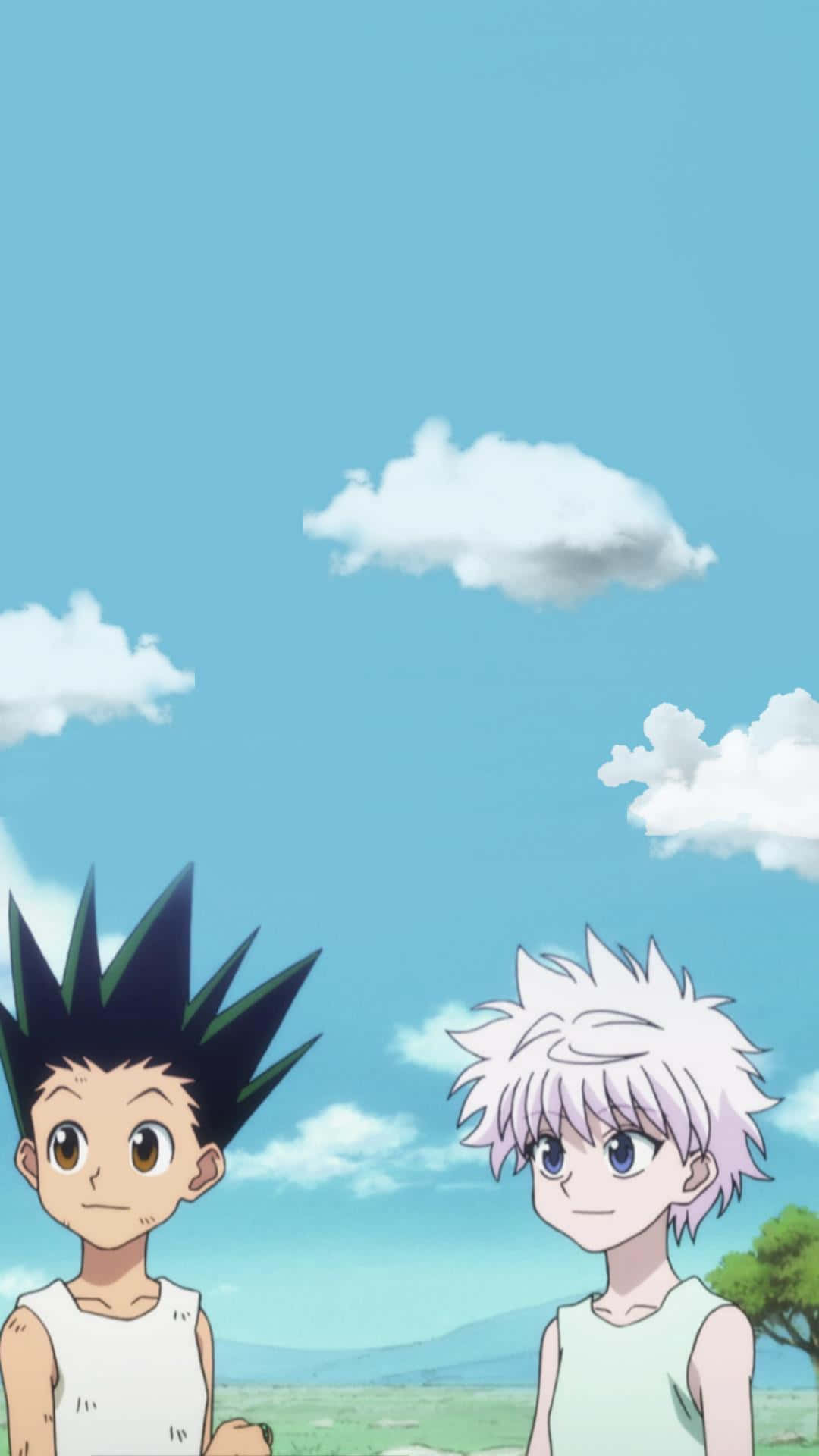 Gon And Killua, spiky hair, bright blue sky, Full HD Phone Wallpaper