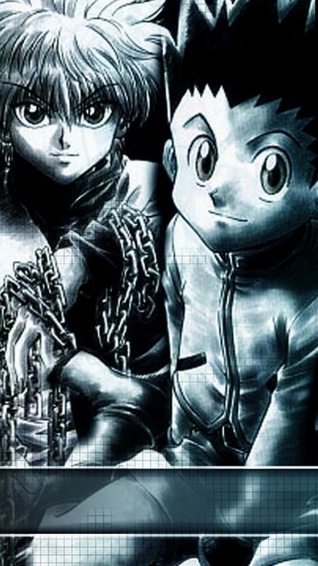 Gon And Killua, black and white illustration, grid overlay, Full HD Phone Wallpaper