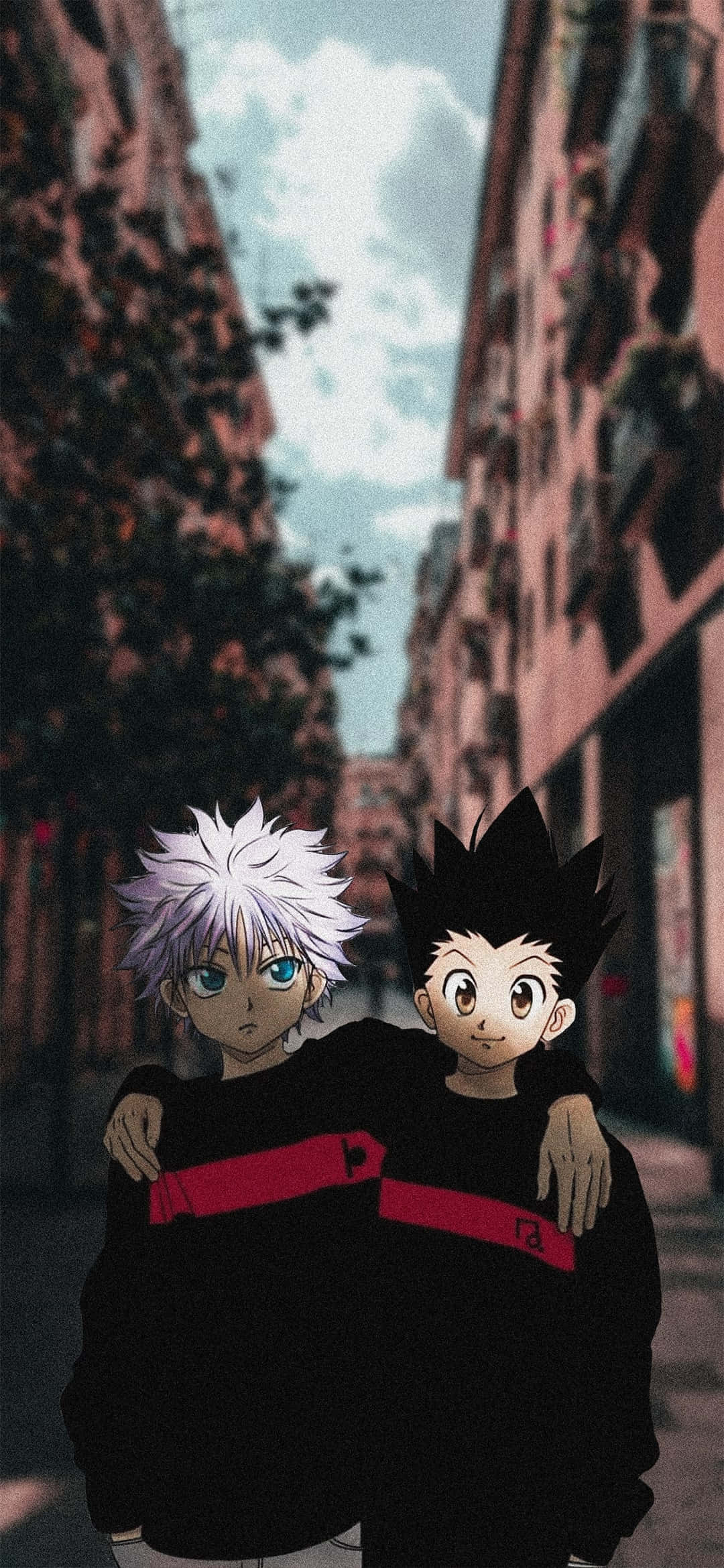 Gon and Killua, black hoodies, red stripes, Full HD Phone Wallpaper