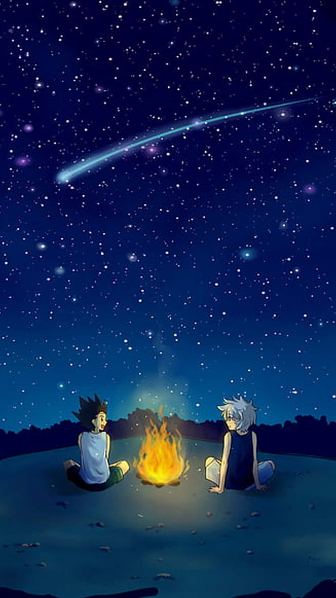 Gon and Killua, campfire, starry night sky, Full HD Phone Wallpaper