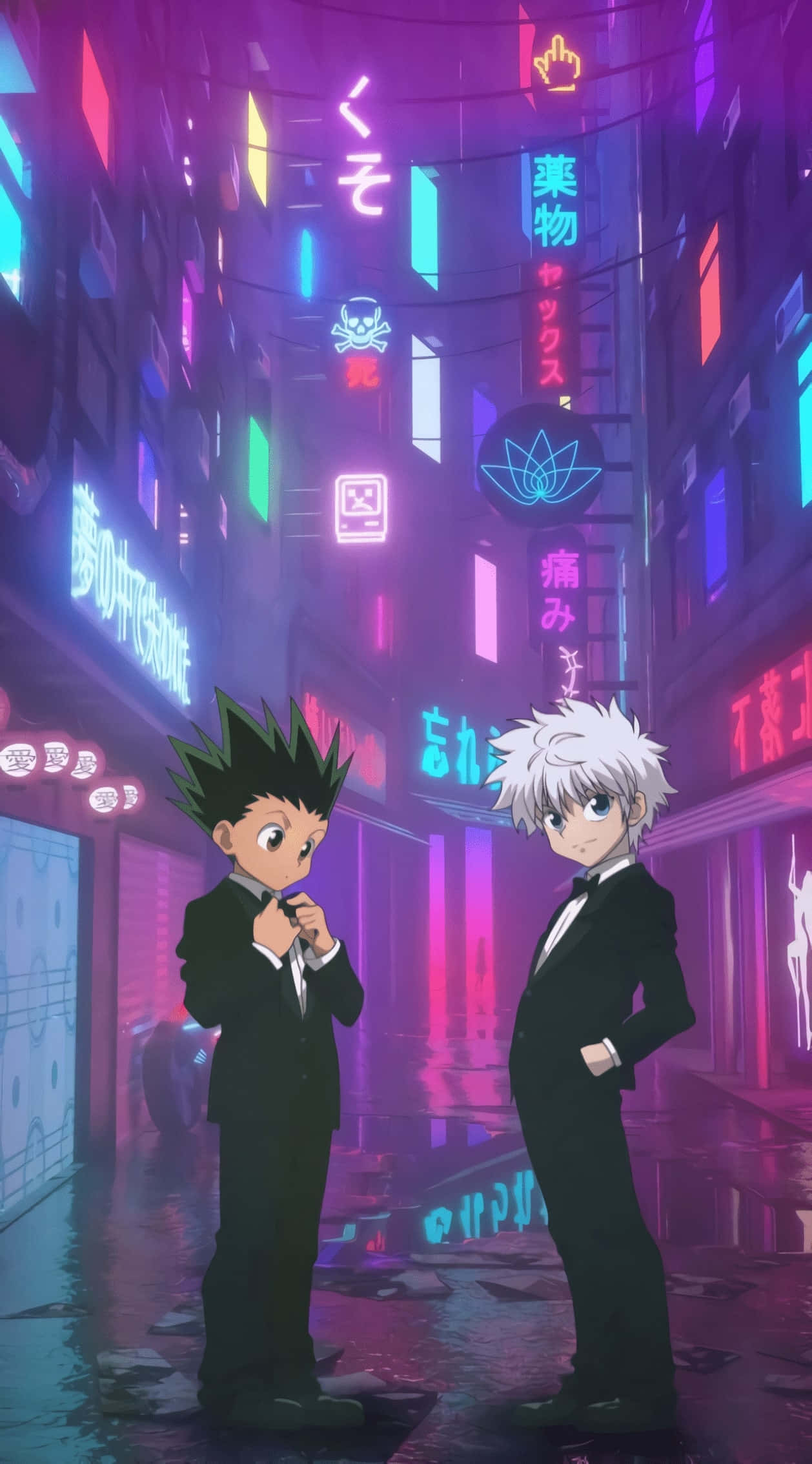 Gon And Killua Phone, neon-drenched cyberpunk alleyway, glowing Japanese signs, Full HD Phone Wallpaper