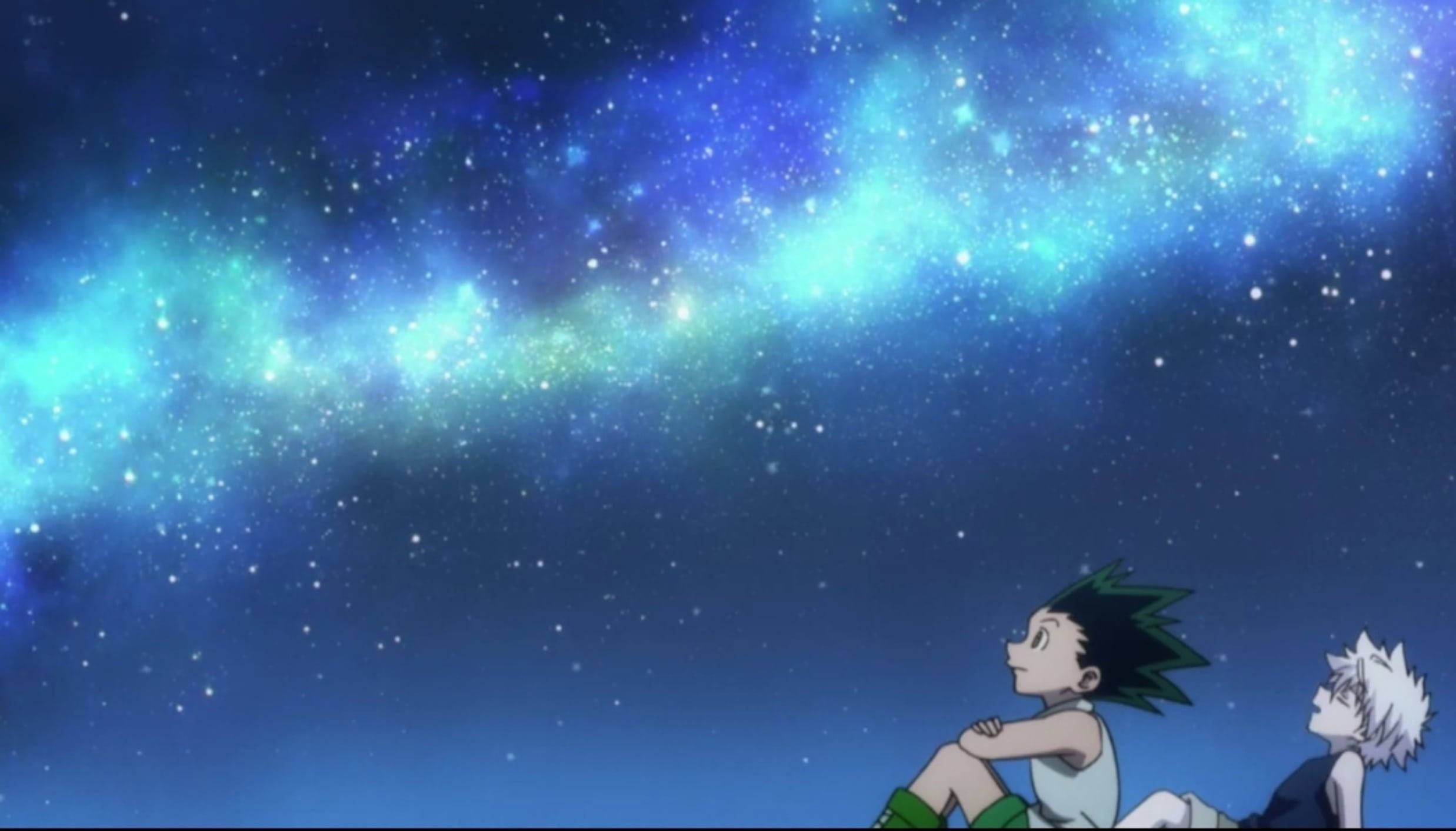 Gon And Killua, vibrant blue starry sky, glowing cosmic clouds, Full HD Desktop Wallpaper