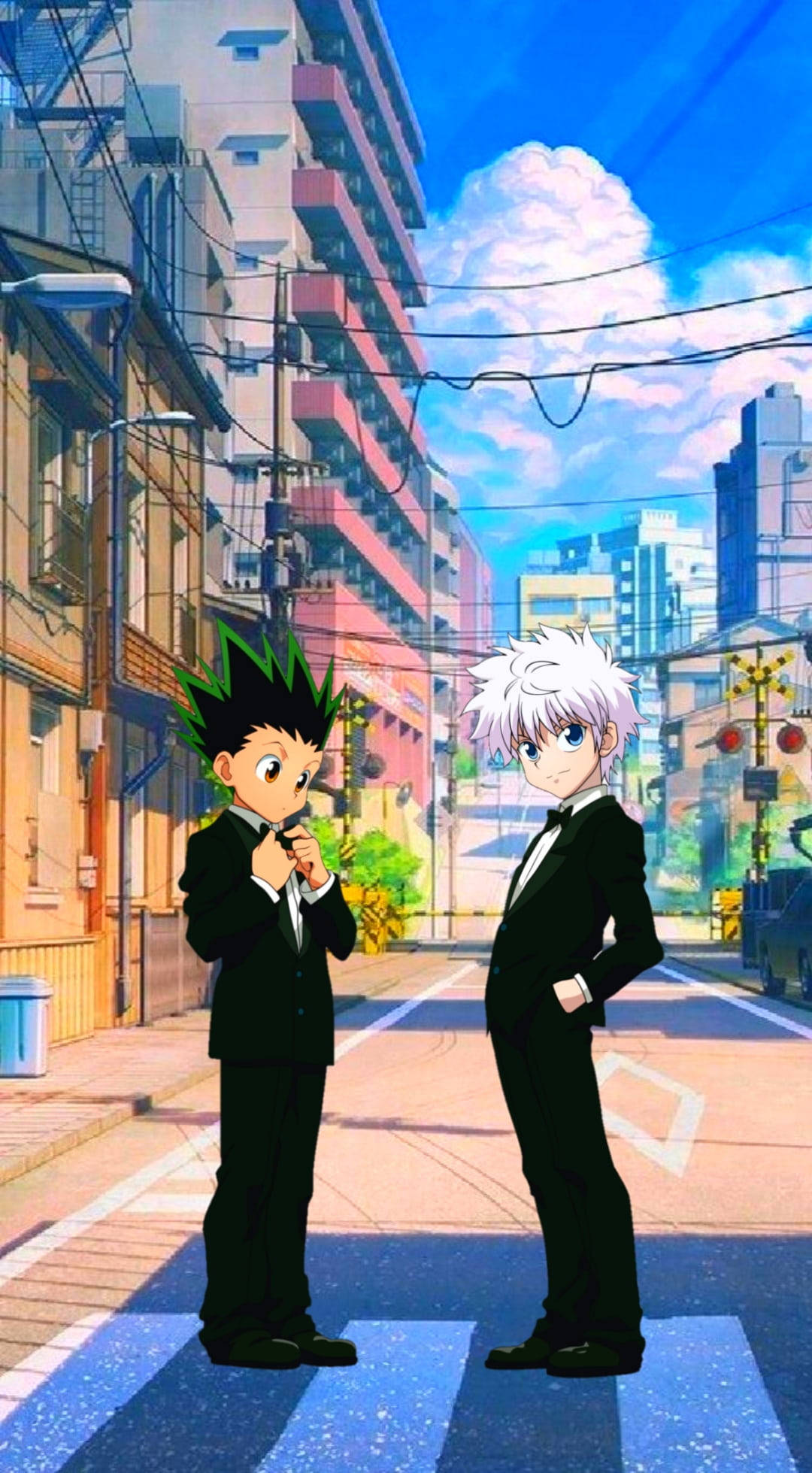 Gon And Killua, black suits, city street, Full HD Phone Wallpaper