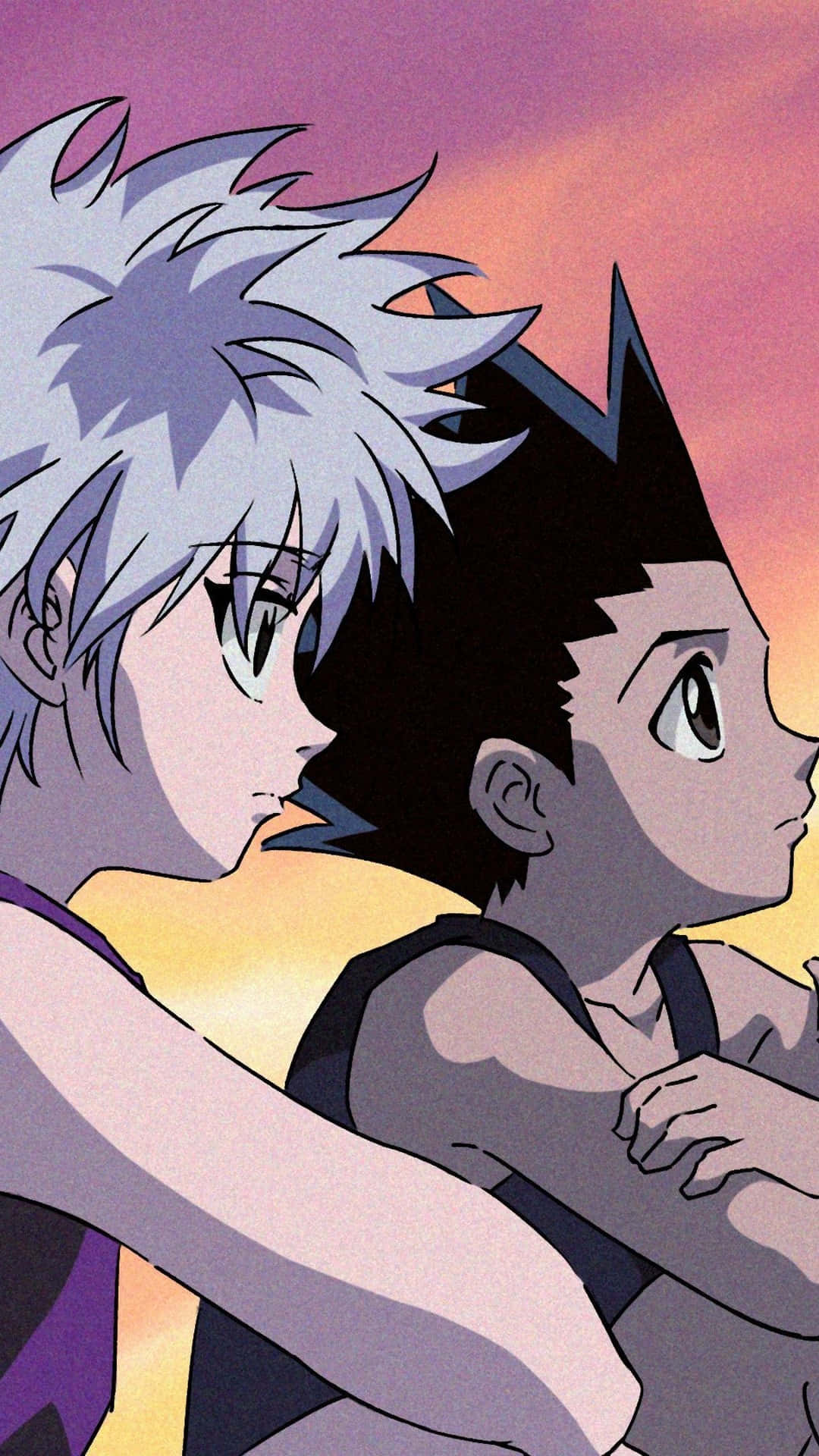 Gon And Killua, pink and orange sunset sky, stylized hair, Full HD Phone Wallpaper