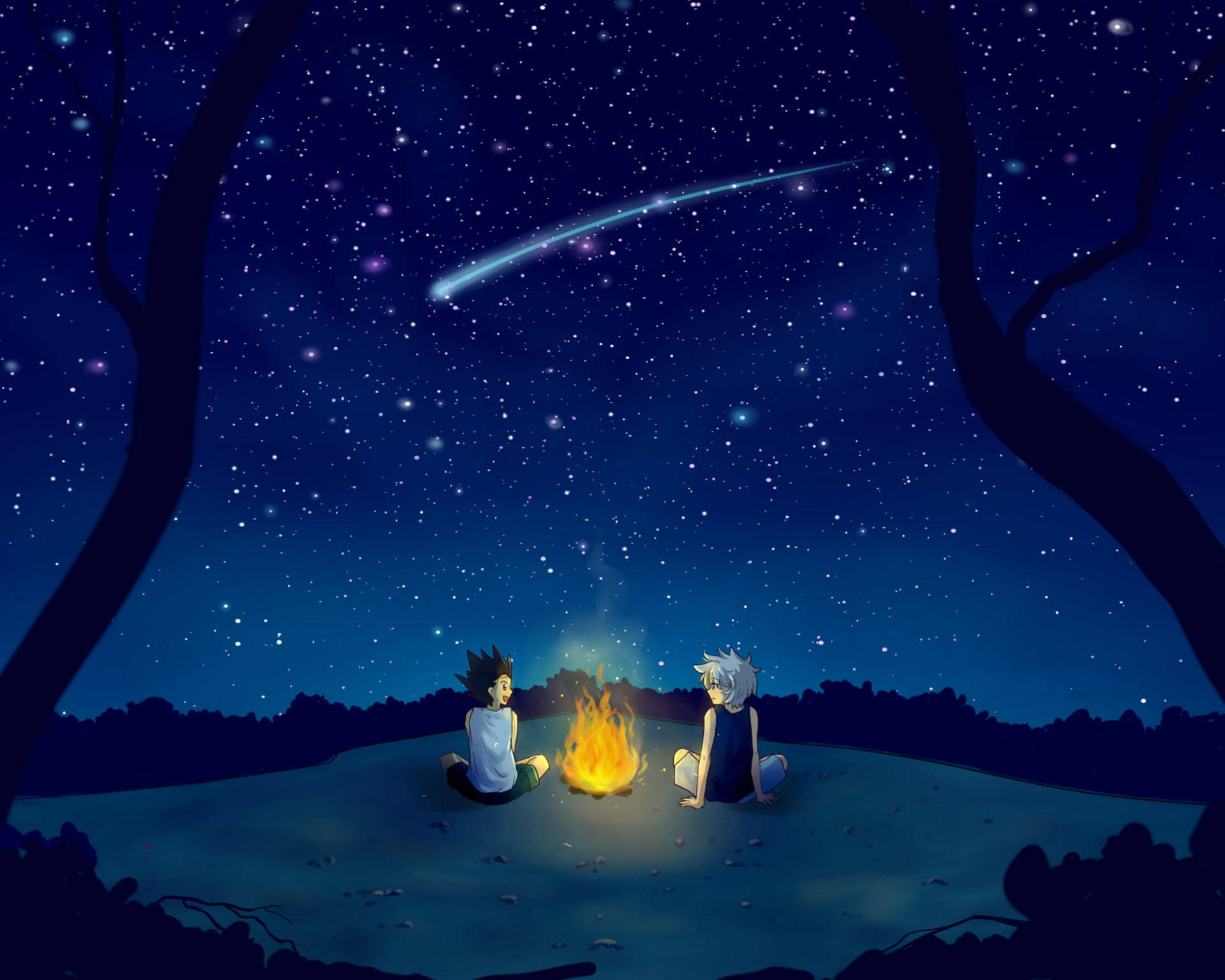 Gon, Killua, starry night sky, Full HD Desktop Wallpaper