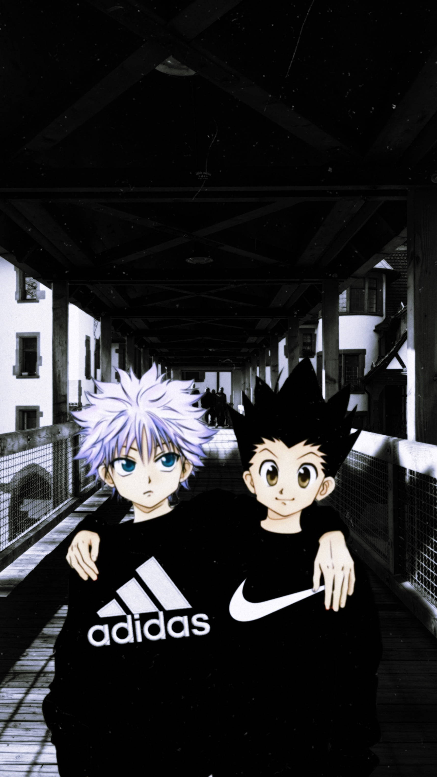 Gon And Killua, starry night sky, wooden bridge, 2K Phone Wallpaper