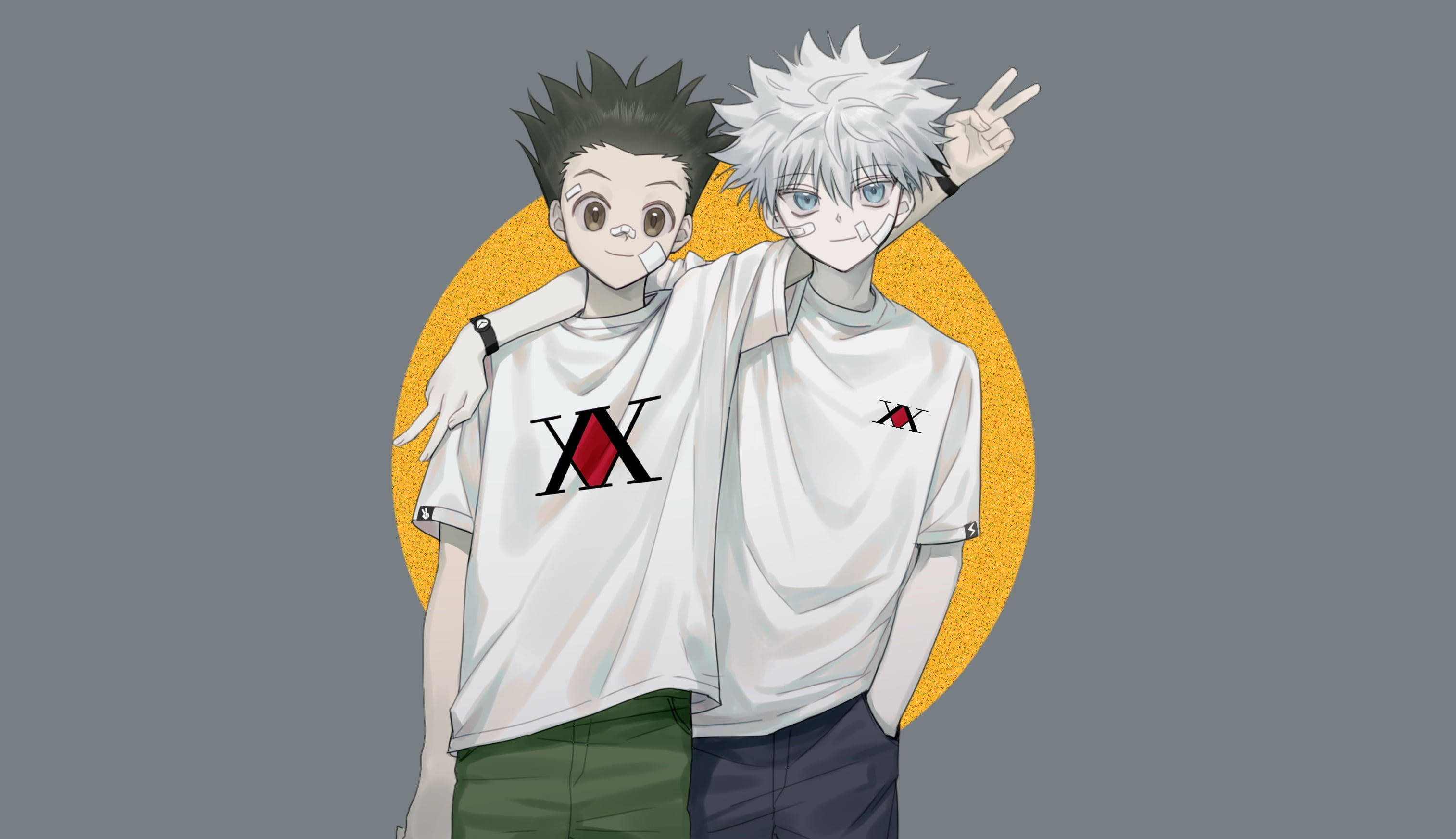 Gon And Killua, white t-shirts, yellow circular backdrop, 2K Desktop Wallpaper