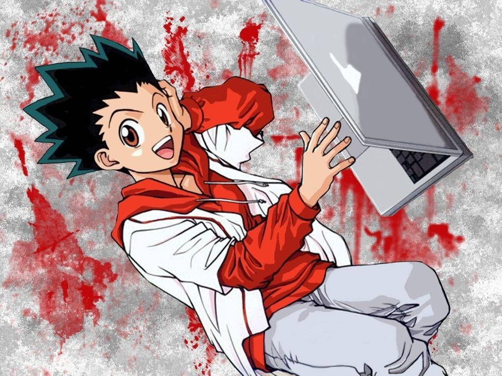 Gon Freecss, red hoodie, laptop, SD Desktop Wallpaper