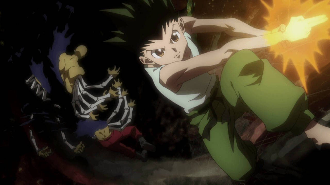 Gon Freecss, glowing yellow blast, skeletal enemy, HD Desktop Wallpaper