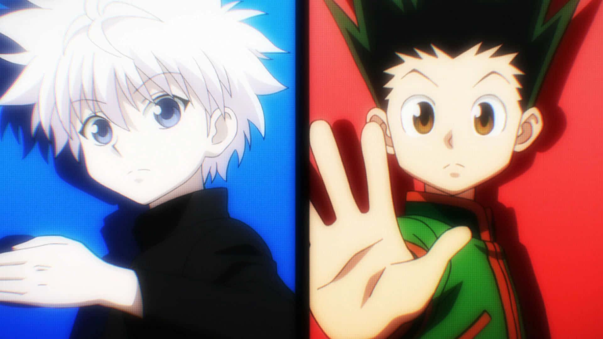 Gon Killua, white hair, blue background, Full HD Desktop Wallpaper