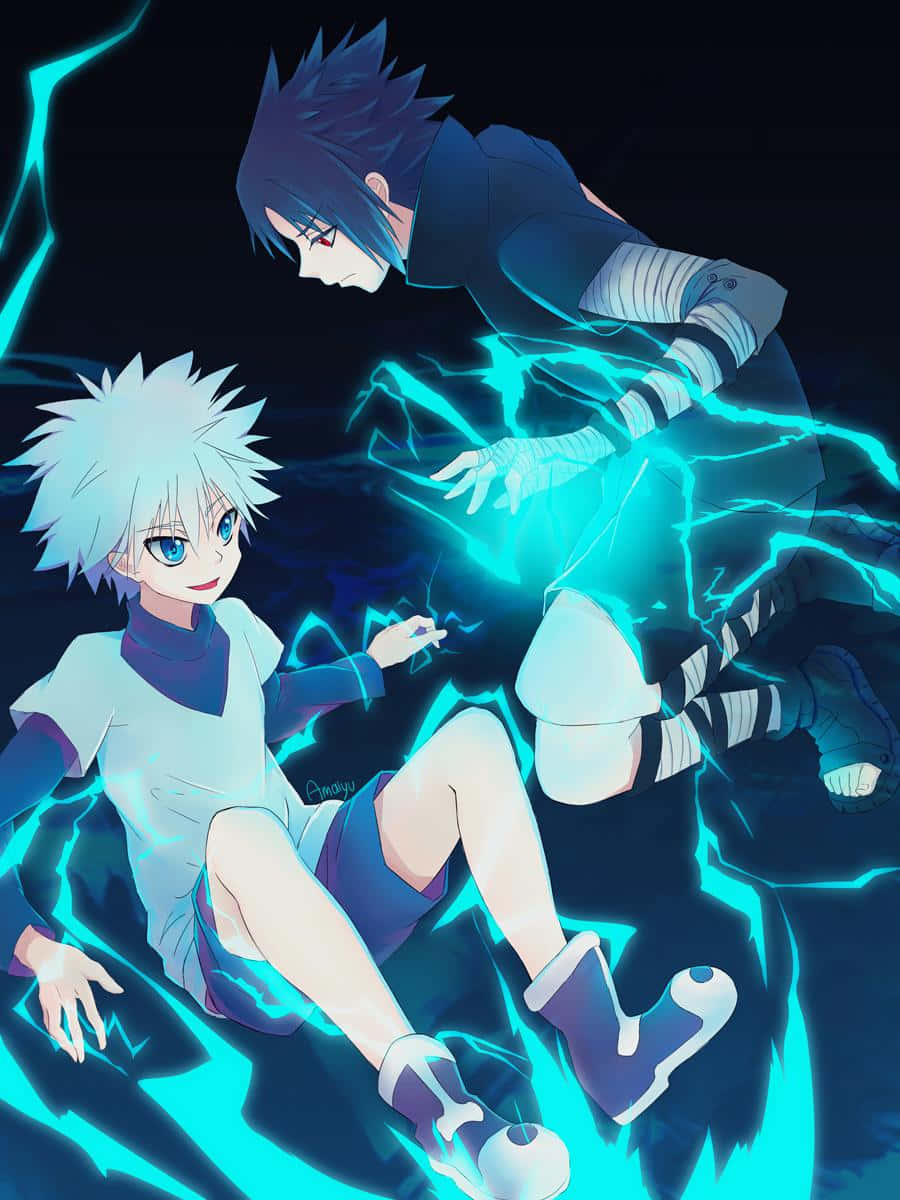 Gon Killua, glowing blue lightning, dark background, SD Phone Wallpaper