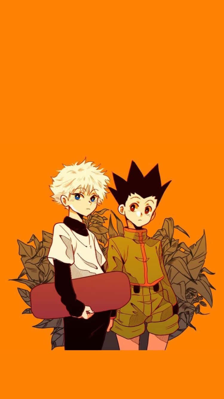 Gon Killua, spiky hair, solid orange background, HD Phone Wallpaper