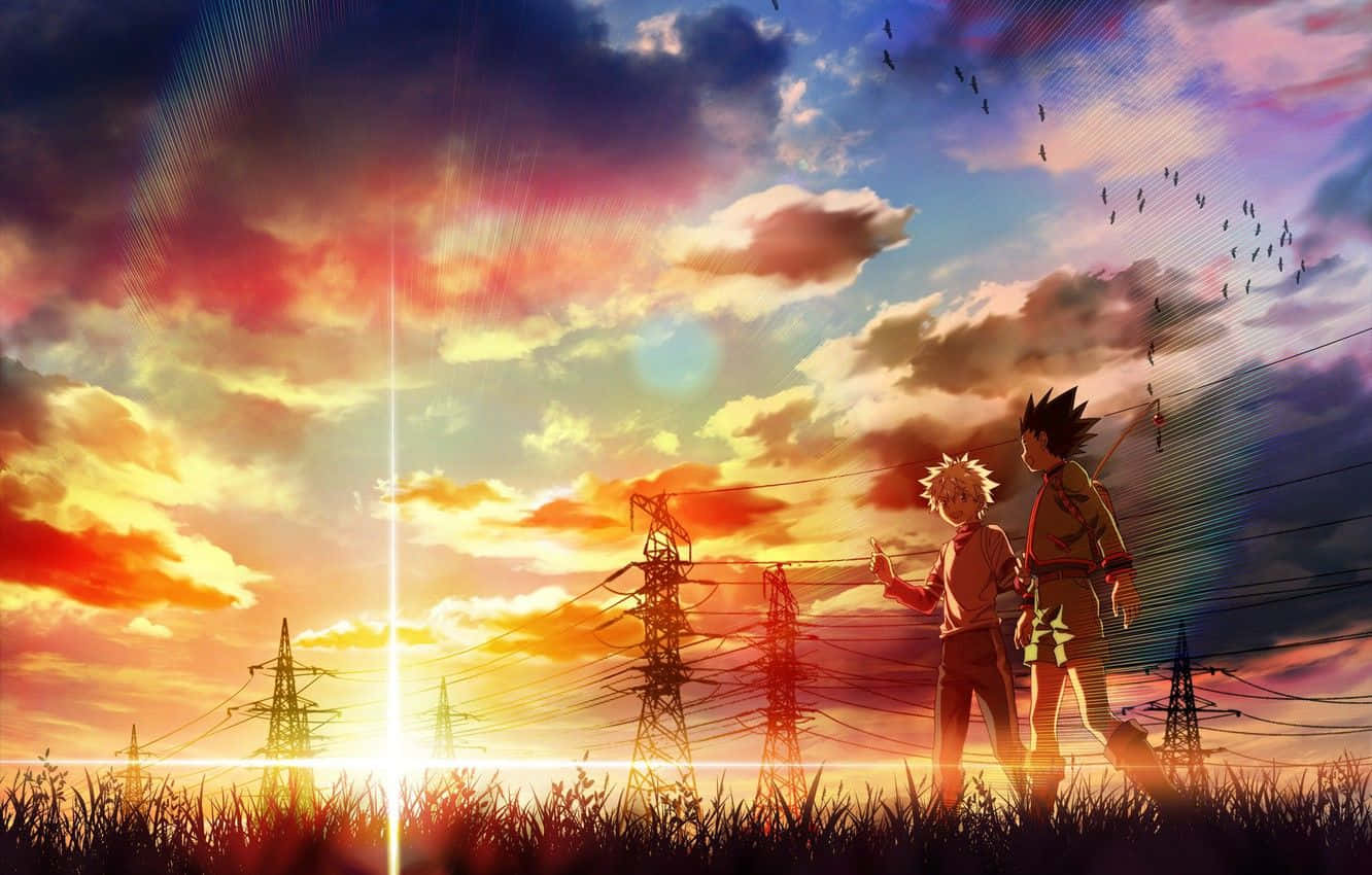 Gon Killua, vibrant sunset, power lines, HD Desktop Wallpaper
