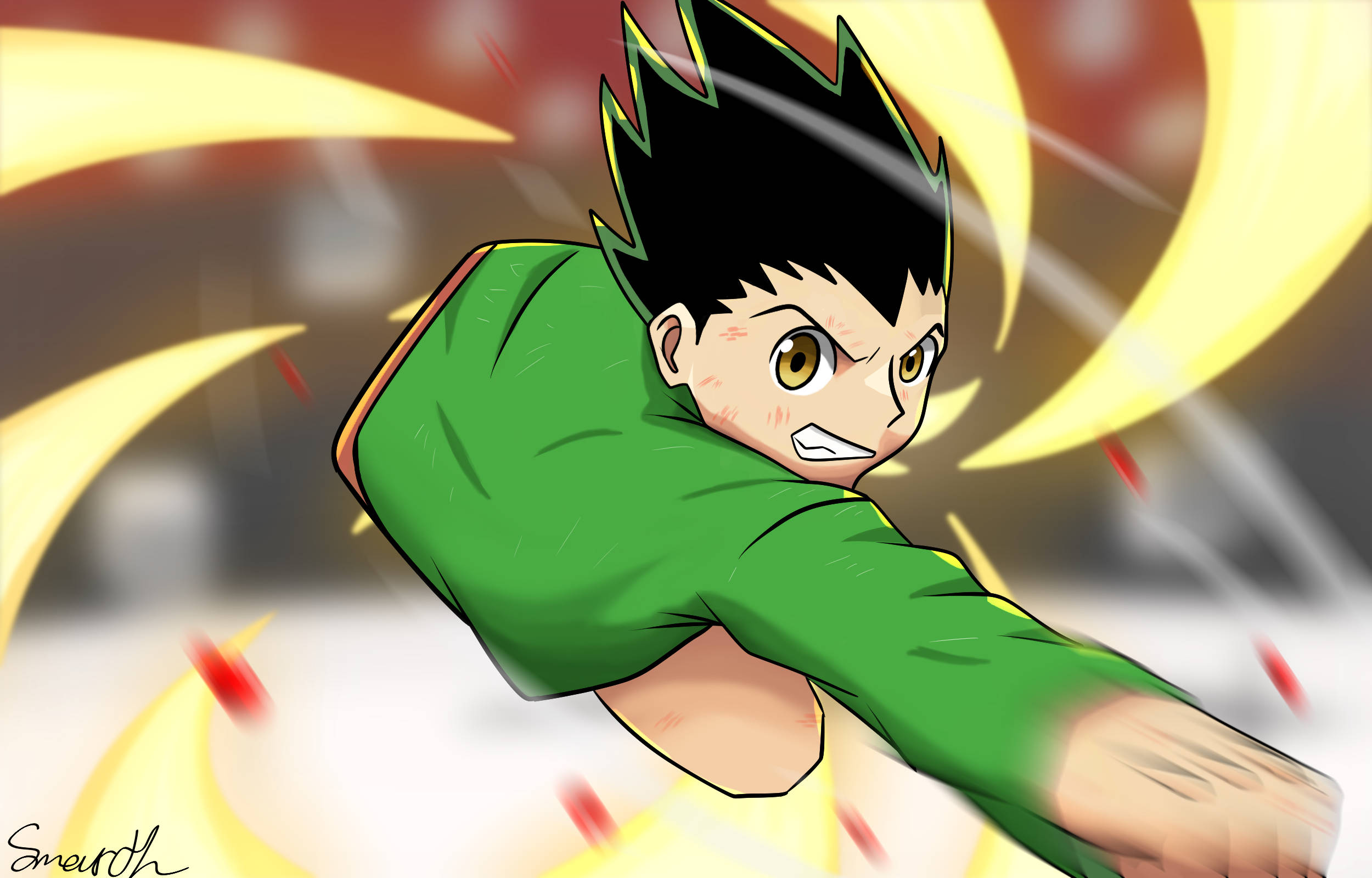 Gon, green hoodie, yellow energy streaks, Full HD Desktop Wallpaper