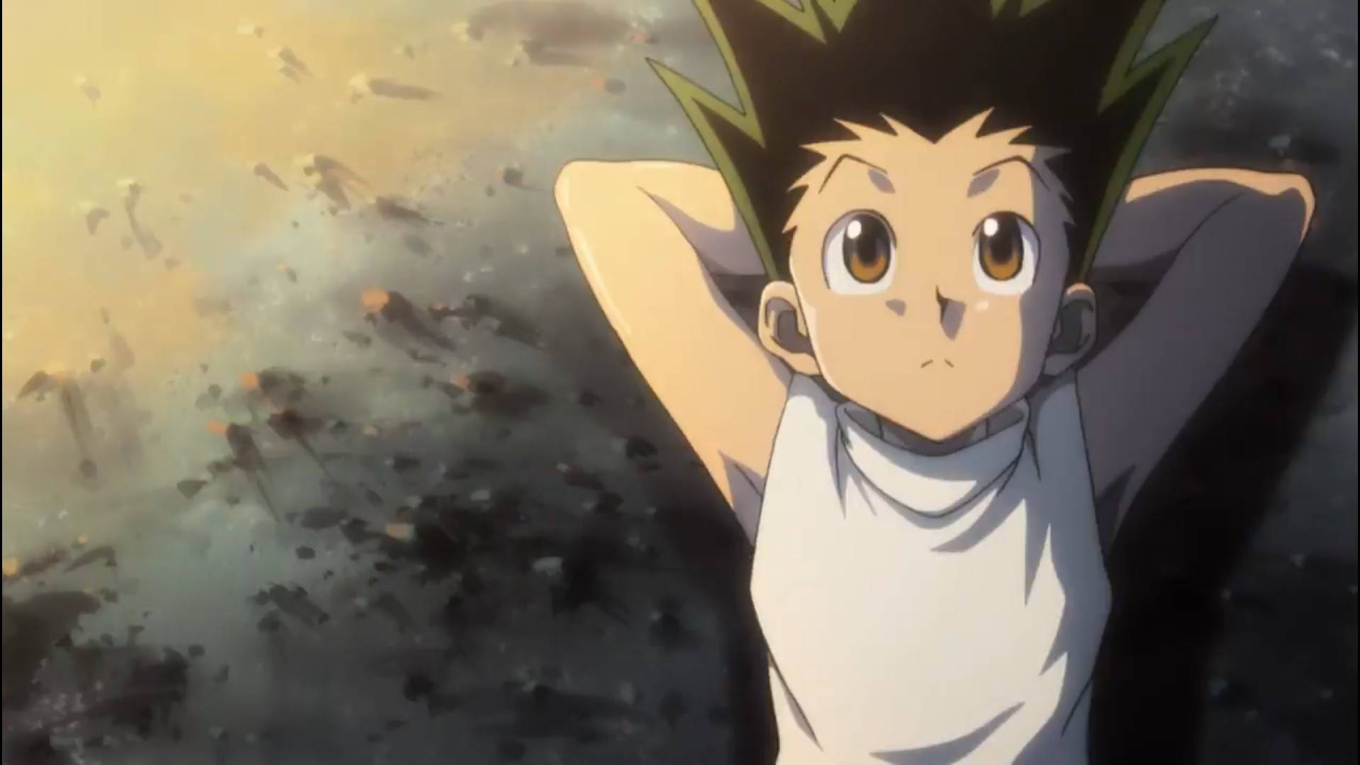 Gon, spiky green-tipped hair, smoky battlefield, Full HD Desktop Wallpaper
