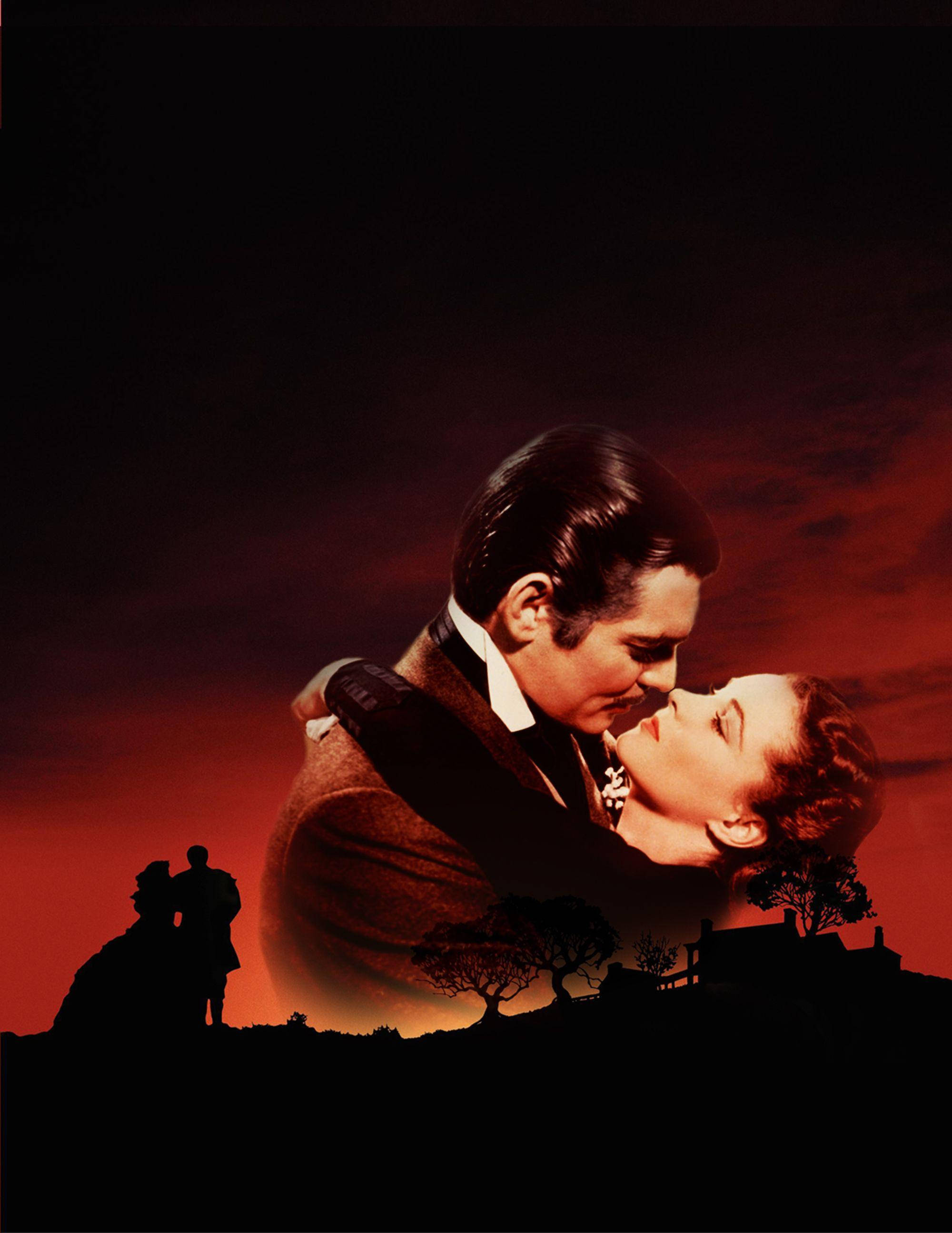Gone With The Wind, fiery red sunset sky, silhouetted landscape, 2K Phone Wallpaper