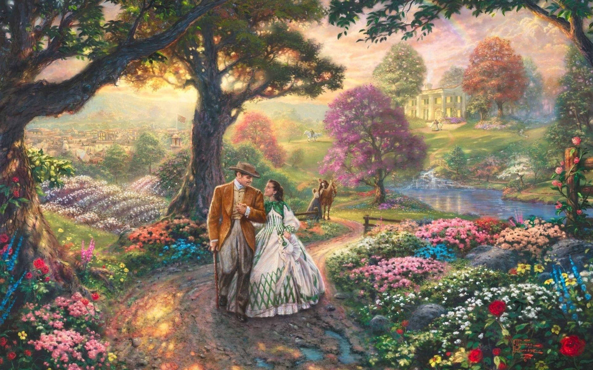 Gone With The Wind, sunset, garden, Full HD Desktop Wallpaper
