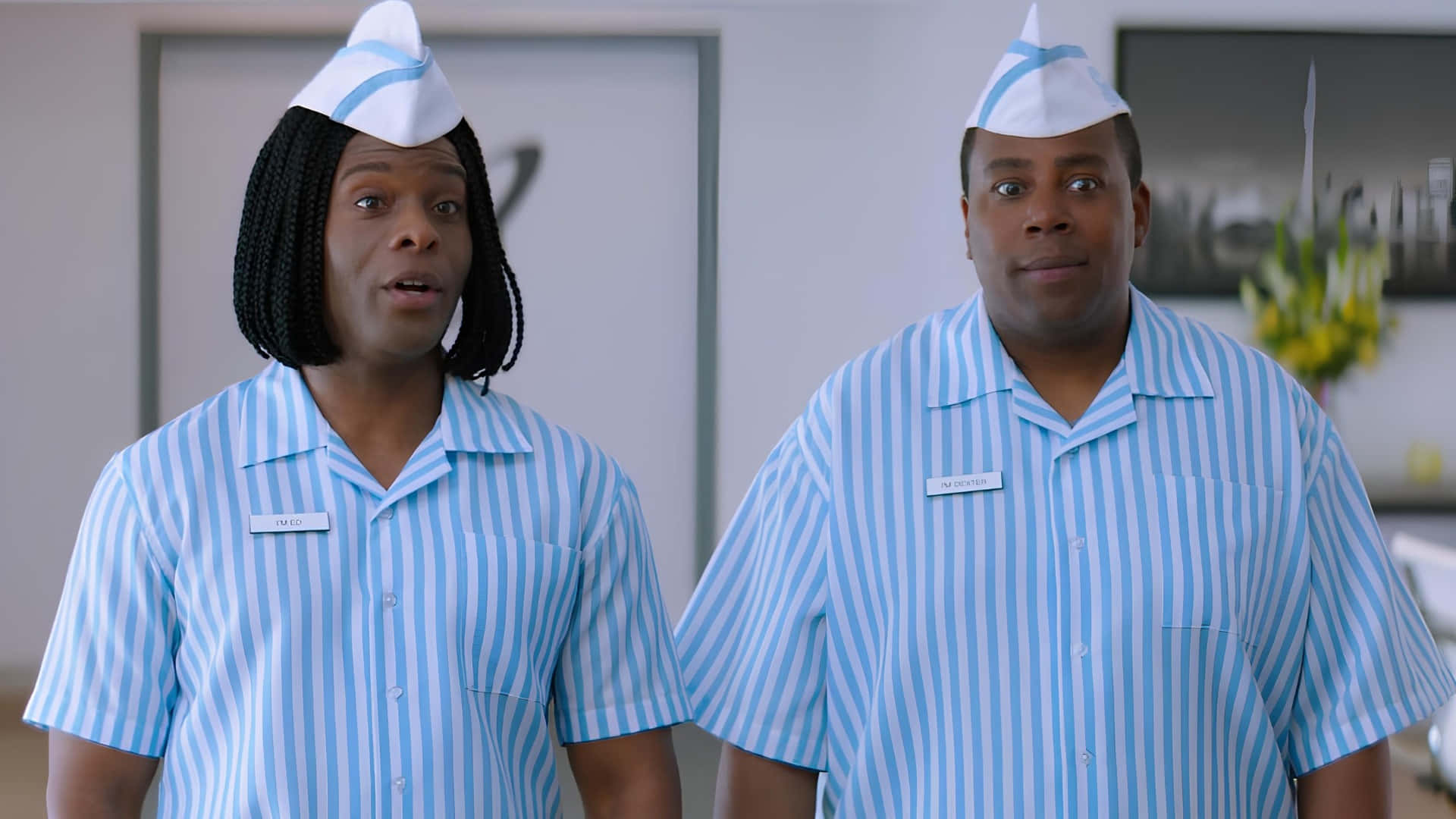Good Burger, blue and white striped uniforms, paper nurse hats, Full HD Desktop Wallpaper