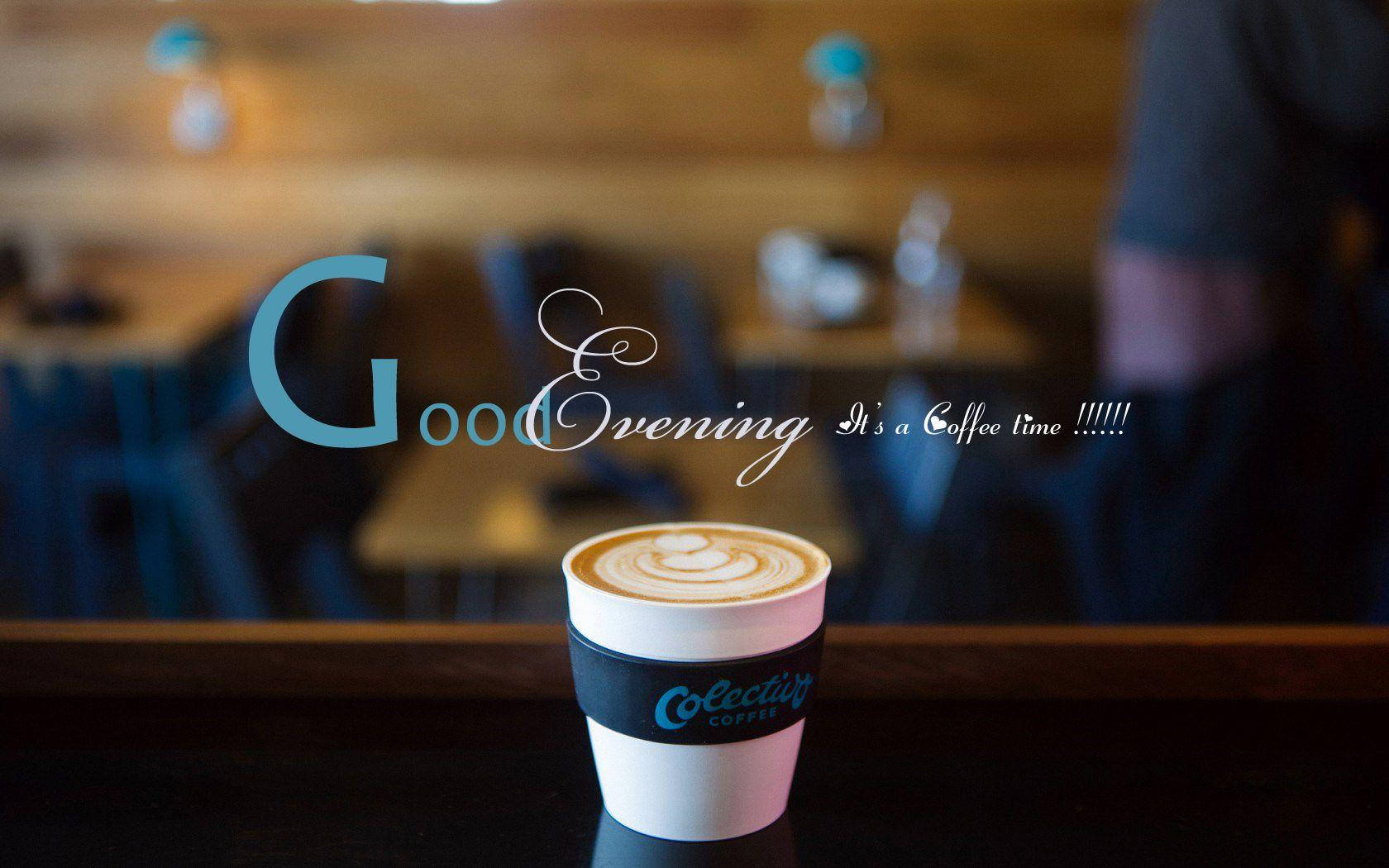 Good Evening Coffee Time, latte art coffee cup, dark counter, HD Desktop Wallpaper