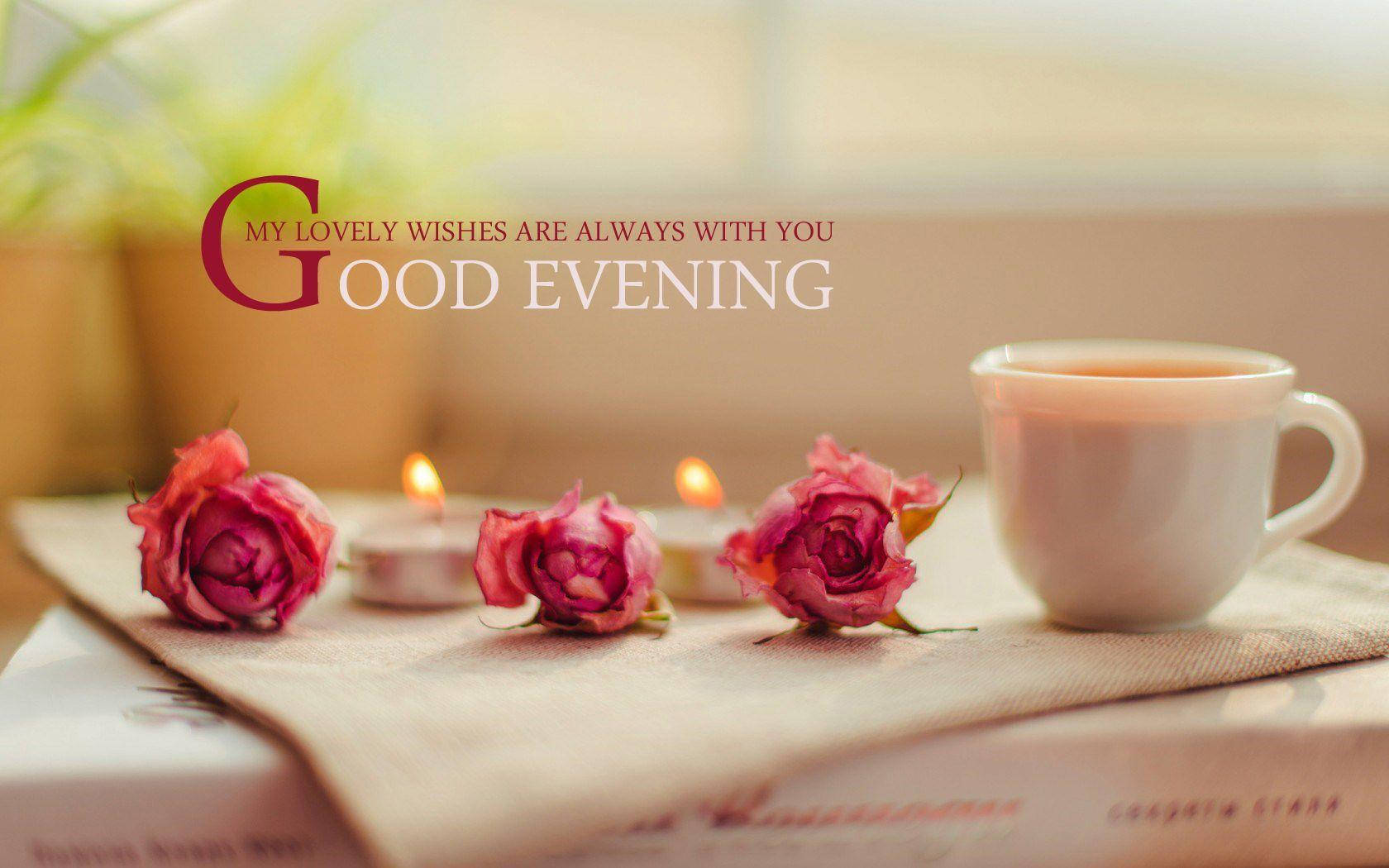 Good Evening, pink roses, lit candles, HD Desktop Wallpaper