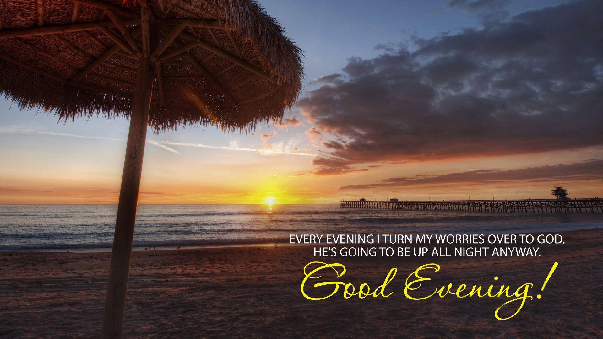Good Evening Beach, thatched beach umbrella, serene sunset, Full HD Desktop Wallpaper